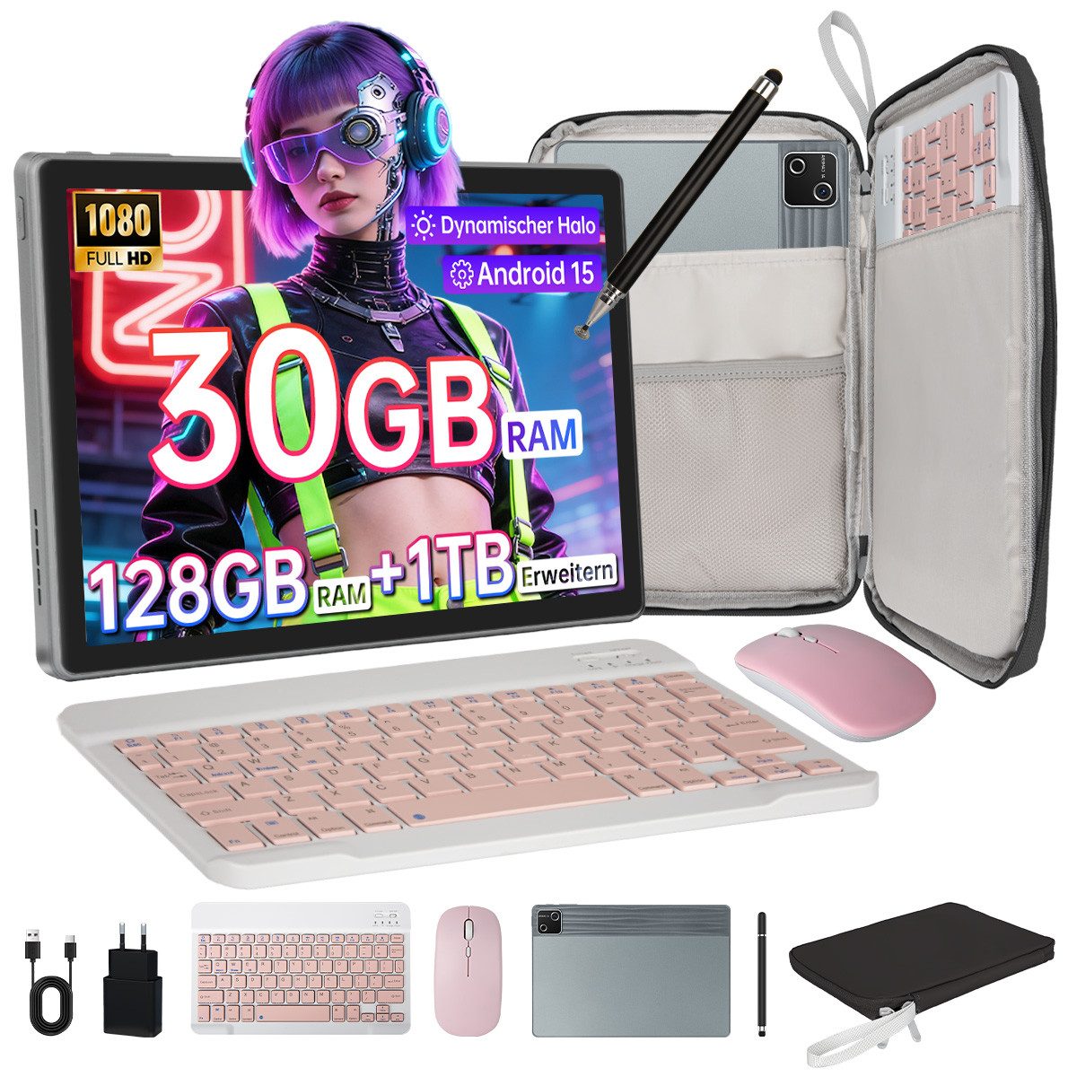 BUFO 10 Zoll Android 15, 30(6+24)GB+128GB, 6200mAh, mit Tastatur/Maus/Stift Tablet (10", 128 GB, Octa-Core, mit Stift/Maus/Tastatur)