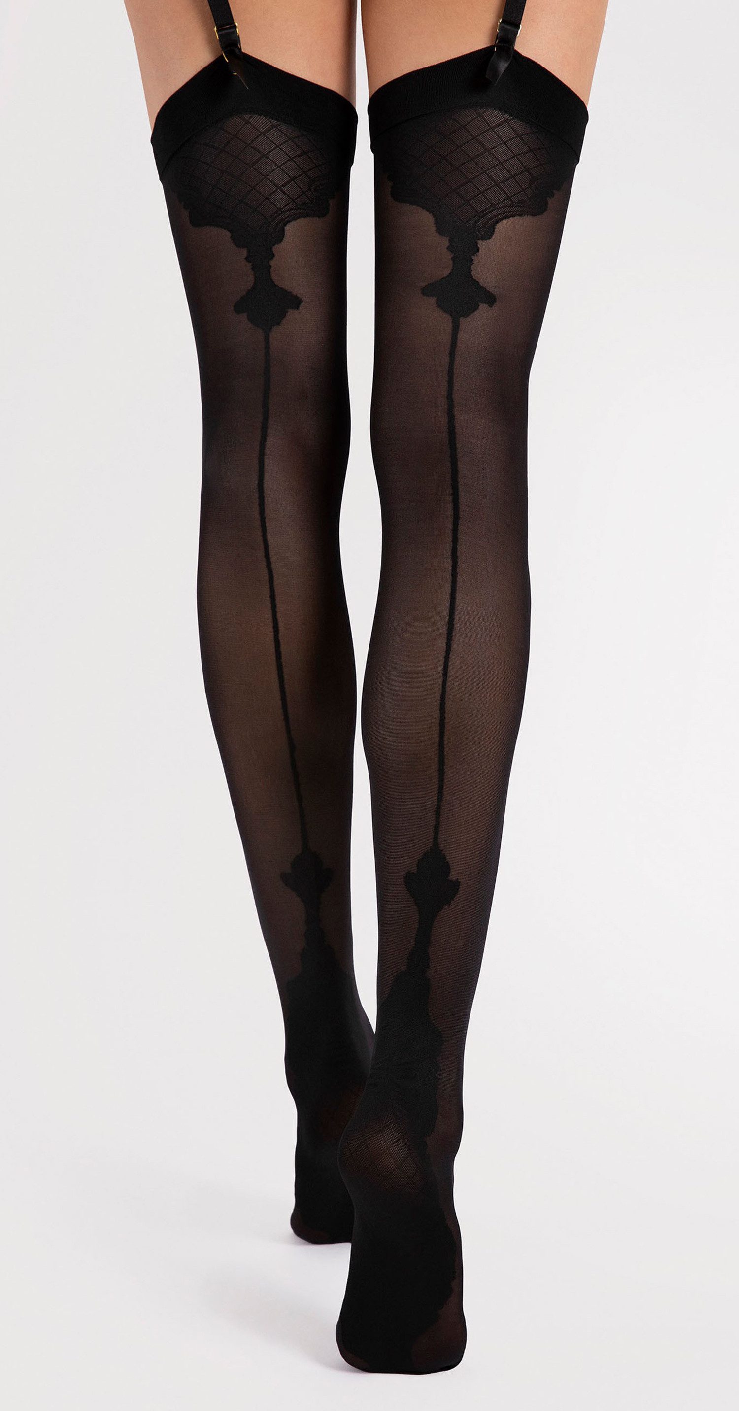 Fiore Strapsstrümpfe Storia (Packung, 1 Paar) Strapsstrümpfe mit schwarzem Muster Abschluss am Strumpfband und Ferse