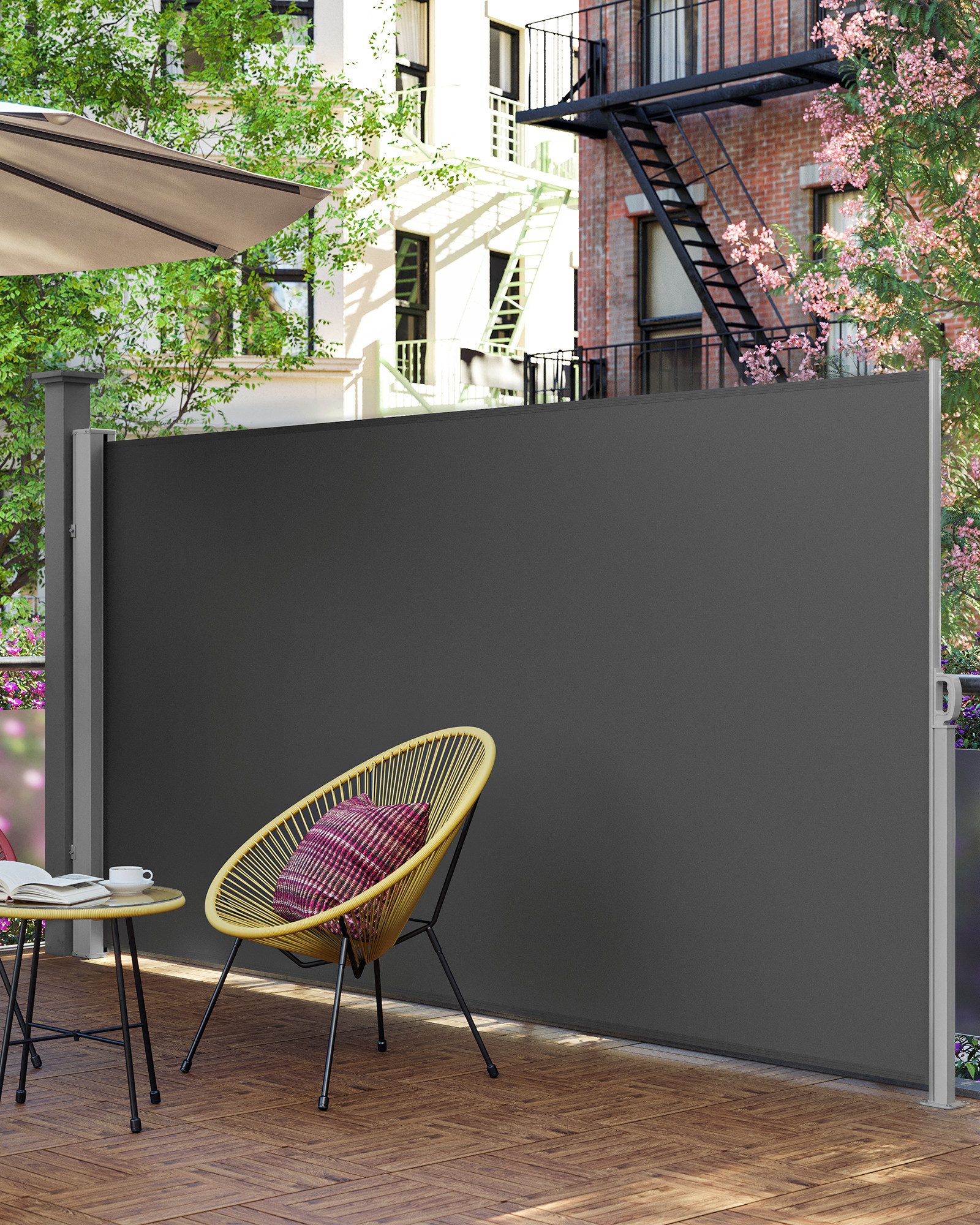 SONGMICS Seitenmarkise ausziehbar, Sichtschutz, balkon terrasse, Windschutz (Sonnenschutz, inkl. Zubehörpaket & Anleitung) mitgelieferte Bodenhalterung,160 x 400 cm, rostbeständig, Sonnenschutz
