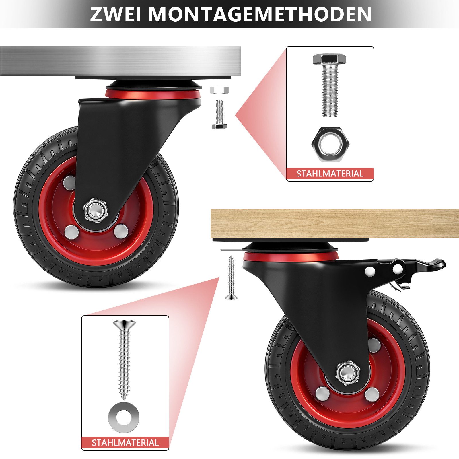 XERSEK Möbelrolle 4er/100mm Vollgummi-Schwerlastrollen, Lenkrollen Tragkraft bis 600kg, (Möbelrollen [2 mit Bremse + 2 Lenkrollen] WerkstattRollen 360° Drehbar), Universal für Innen Außen geräuscharm langlebig inkl. Montageschrauben