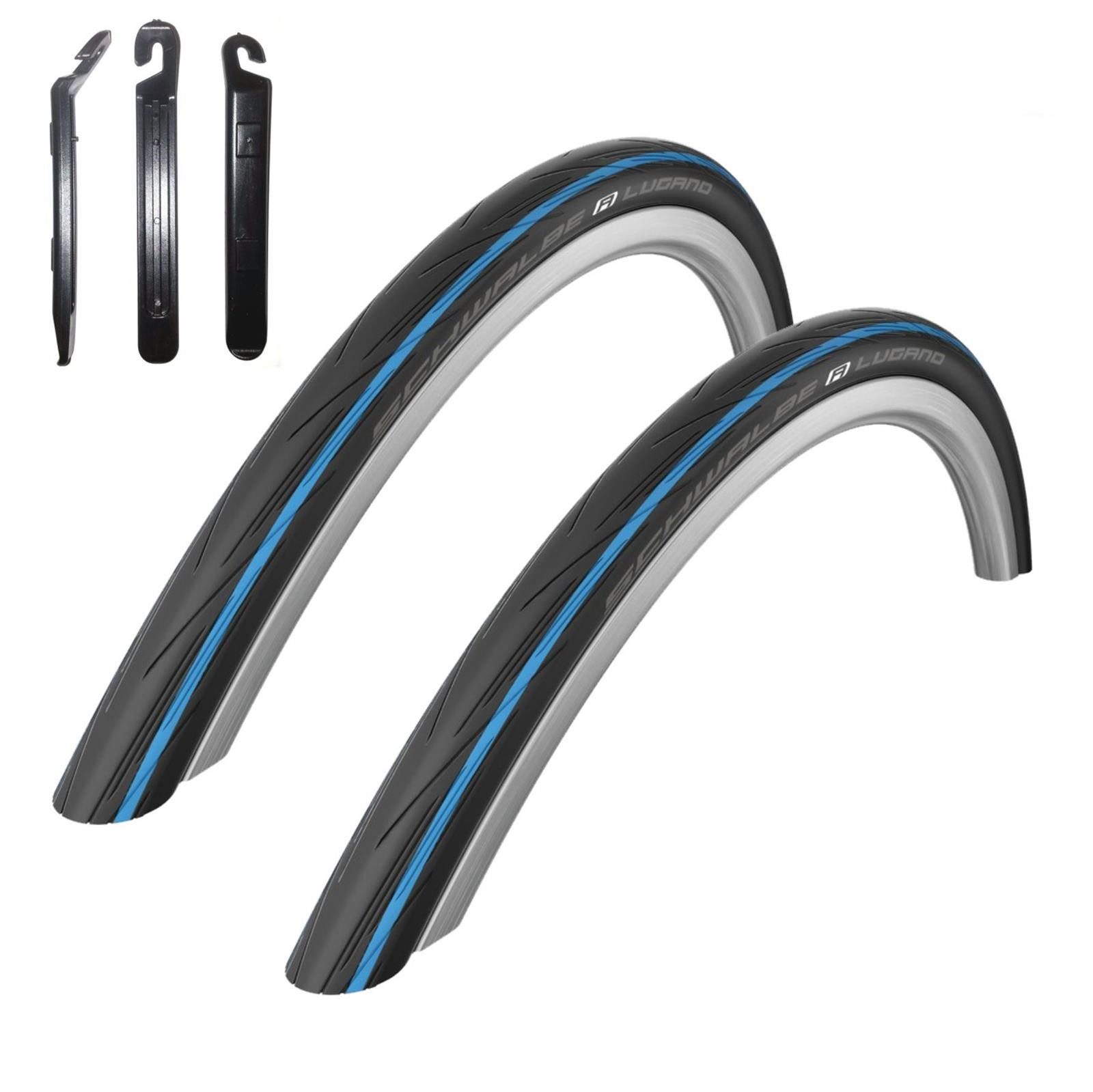 maxxi4you Fahrradreifen 2 x Schwalbe Lugano Rennradreifen Schwarz/blauer Streifen inkl. RH