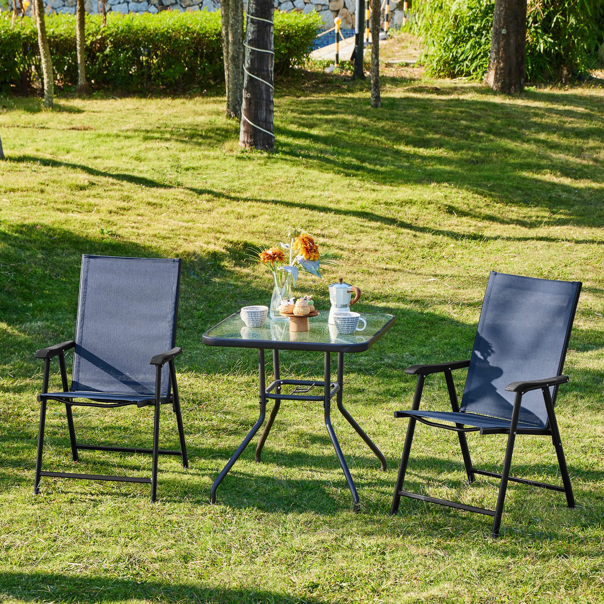 Yaheetech Klappstuhl 2-er Set Klappbarer Gartenstuhl aus Texteline-Gewebe, Stabile Gartenstühle mit Rückenlehne & Armlehnen bis 150 kg Belastbar