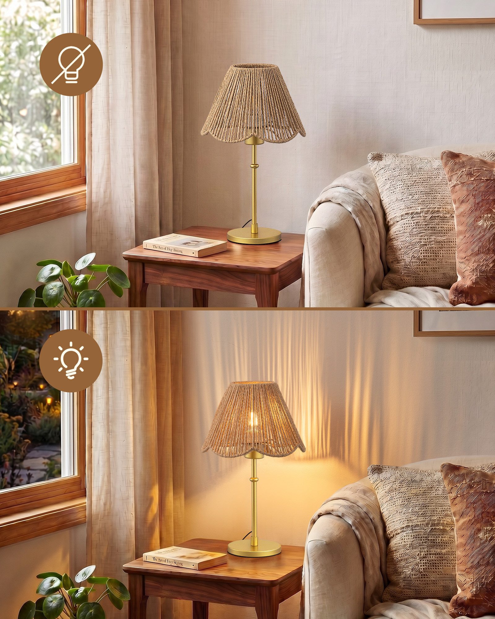 EDISHINE Nachttischlampe EDISHINE Nachttischlampe mit handgeflochtenem Papierseil-Schirm, LED wechselbar, Warmweiß, Gold Inklusive 4W LED mit 2700K Warmweiß – Bild 5 von 5