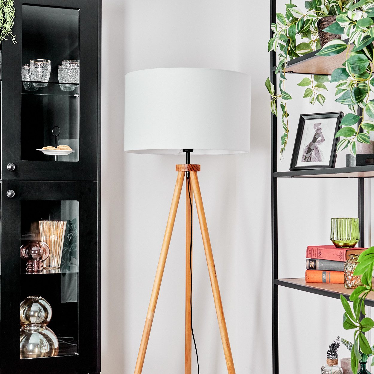 hofstein Stehlampe Stehlampe aus Holz/Metall im modernen Boho-Design, ohne Leuchtmittel, Stehleuchte mit Schirm aus Stoff und Fußschalter, Ø 50 cm, 154 cm, E27 – Bild 2 von 5