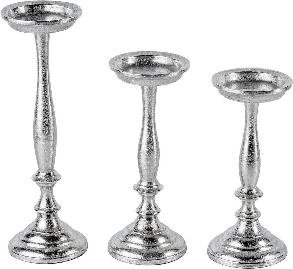 MichaelNoll Kerzenständer Kerzenständer 3er Set Silber Deko Stumpenkerzen -  H 24, 26 und 33 cm