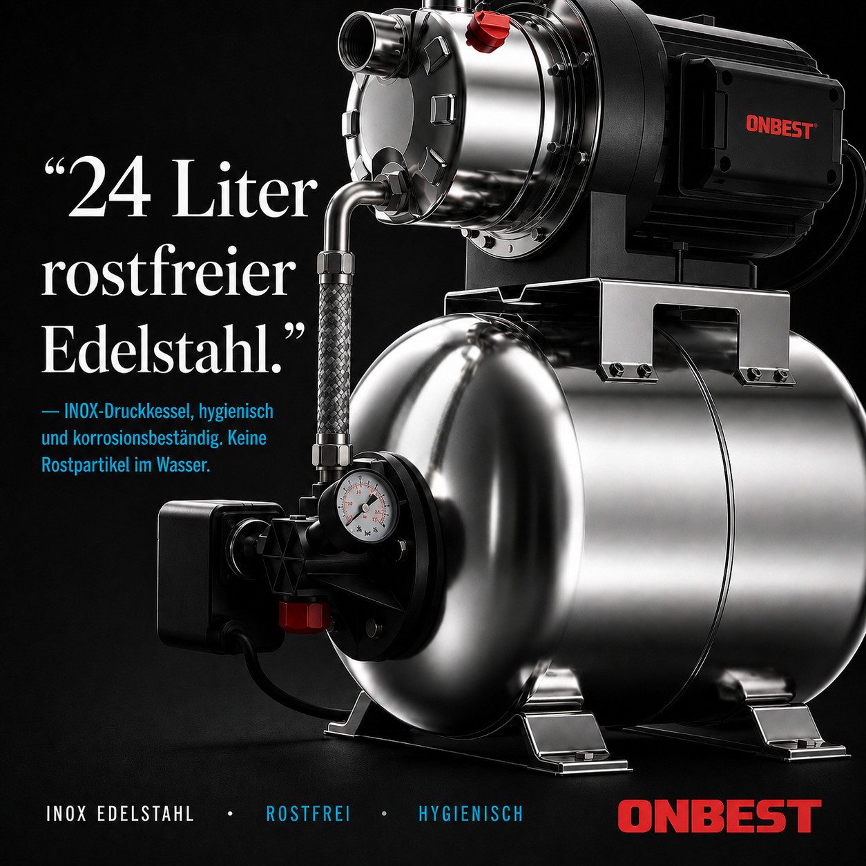 Onbest Hauswasserwerk HW-1350VA Premium aus Edelstahl, Manometer, 1300W, 24 Liter, 230V, 50m Förderhöhe