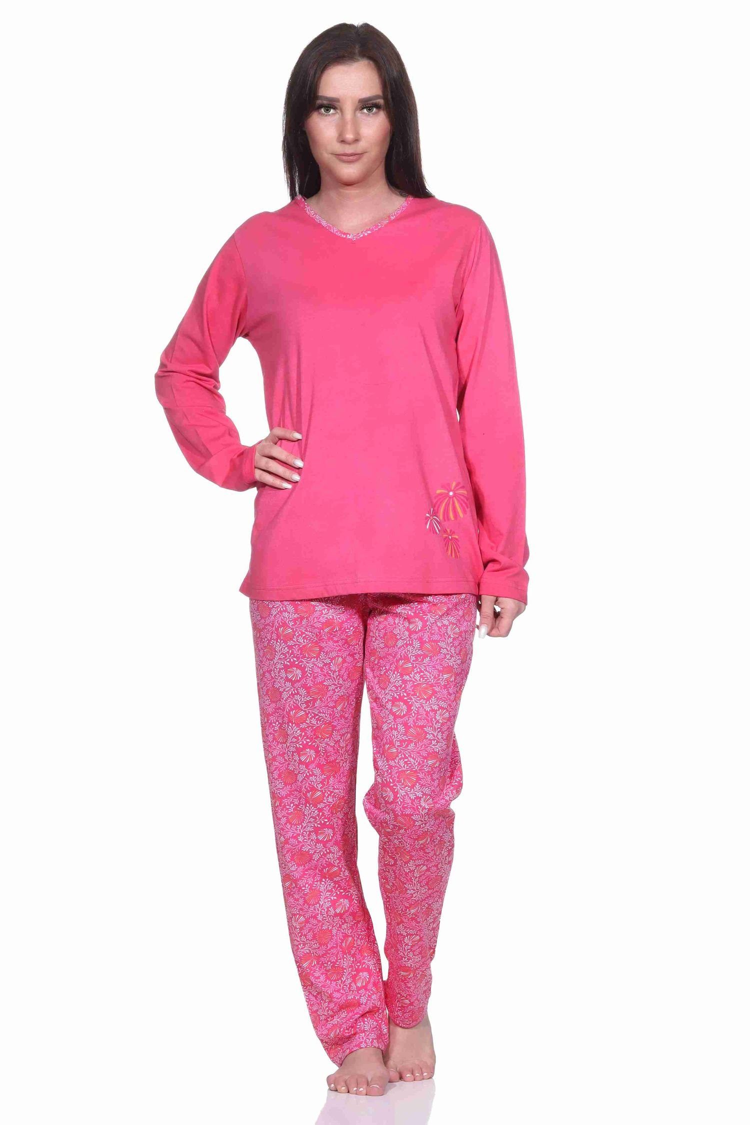 Normann Pyjama Damen langarm Schlafanzug Pyjamahose mit floralen Alloverprint pink