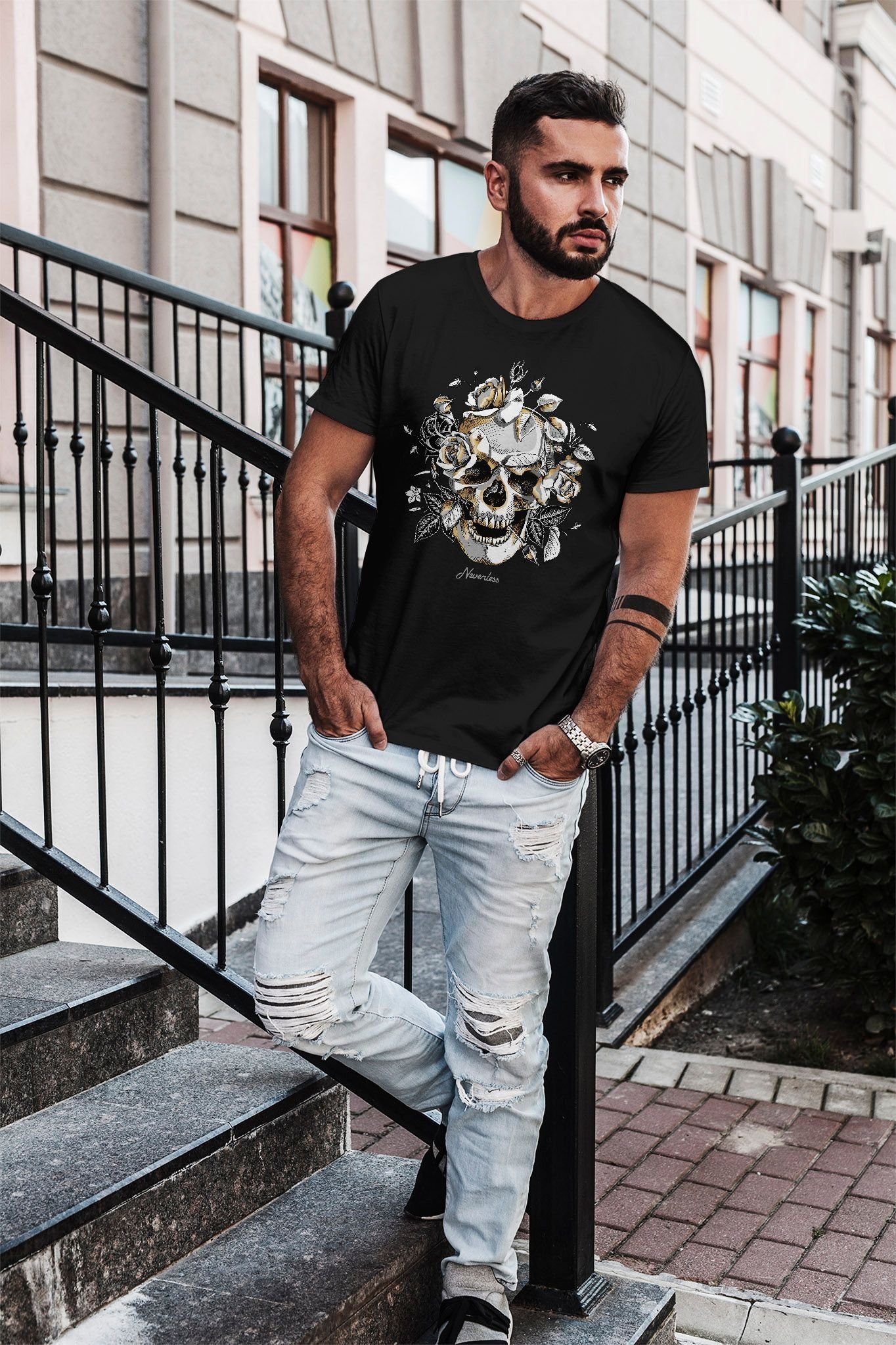 Neverless Print-Shirt Herren Totenkopf mit Print T-Shirt Roses Slim Rosen Fit Skull schwarz Schädel Neverless®