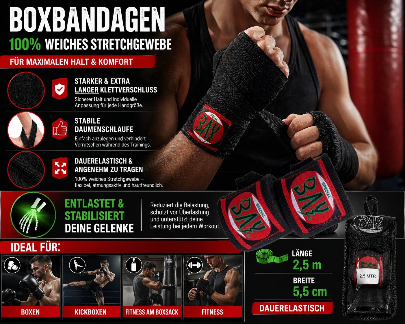 BAY-Sports Boxbandagen Pro Edition Handgelenkbandagen zum Boxen Handbandagen Kickboxen (Paar), Breiter und langer Klettverschluss