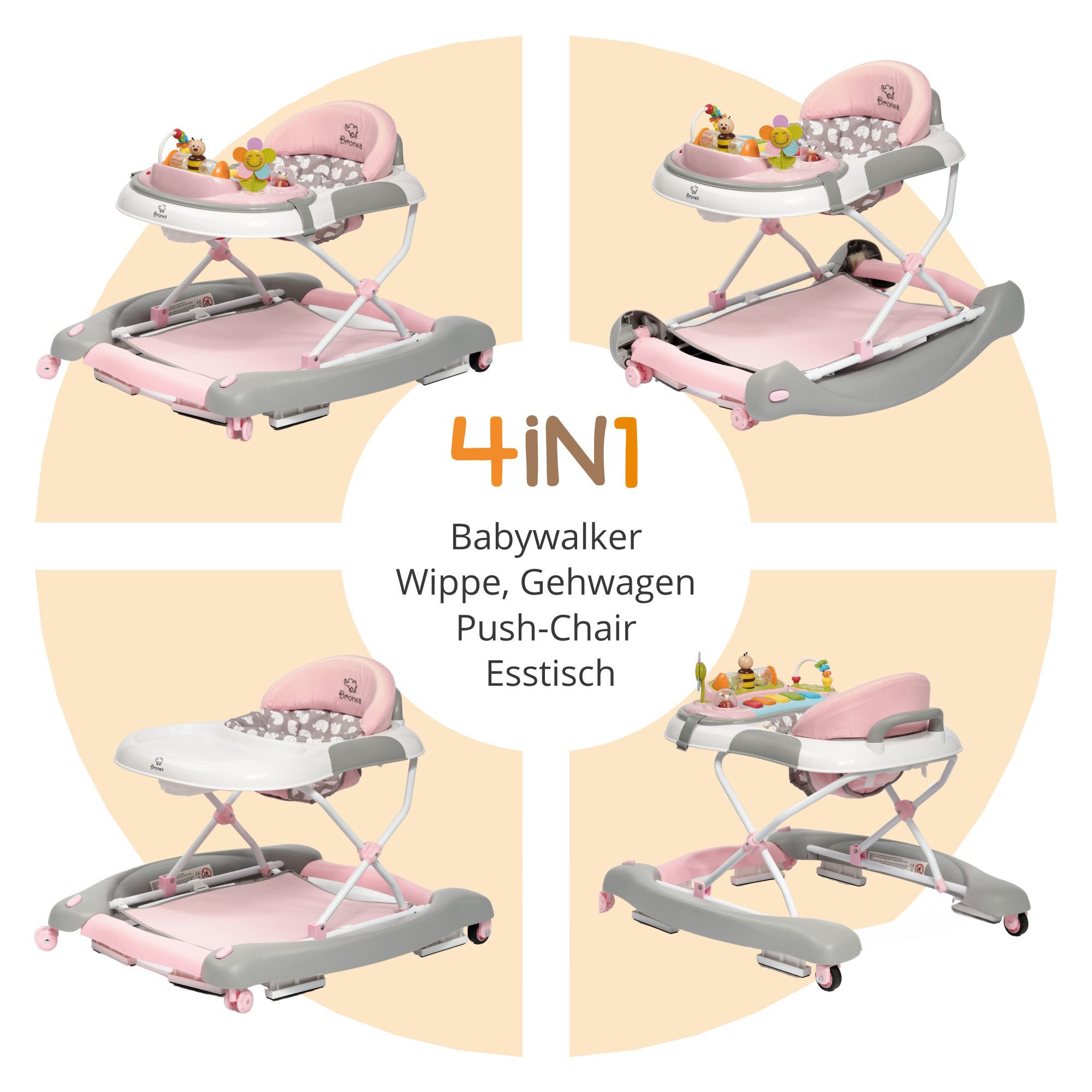 Bronea Lauflernhilfe 4-in-1 Lauflernwagen Gehfrei Baby Schaukel Lauflernhilfe Babywalker, Abnehmbares Spielpaneel - Wippfunktion - Leise gummierte Reifen