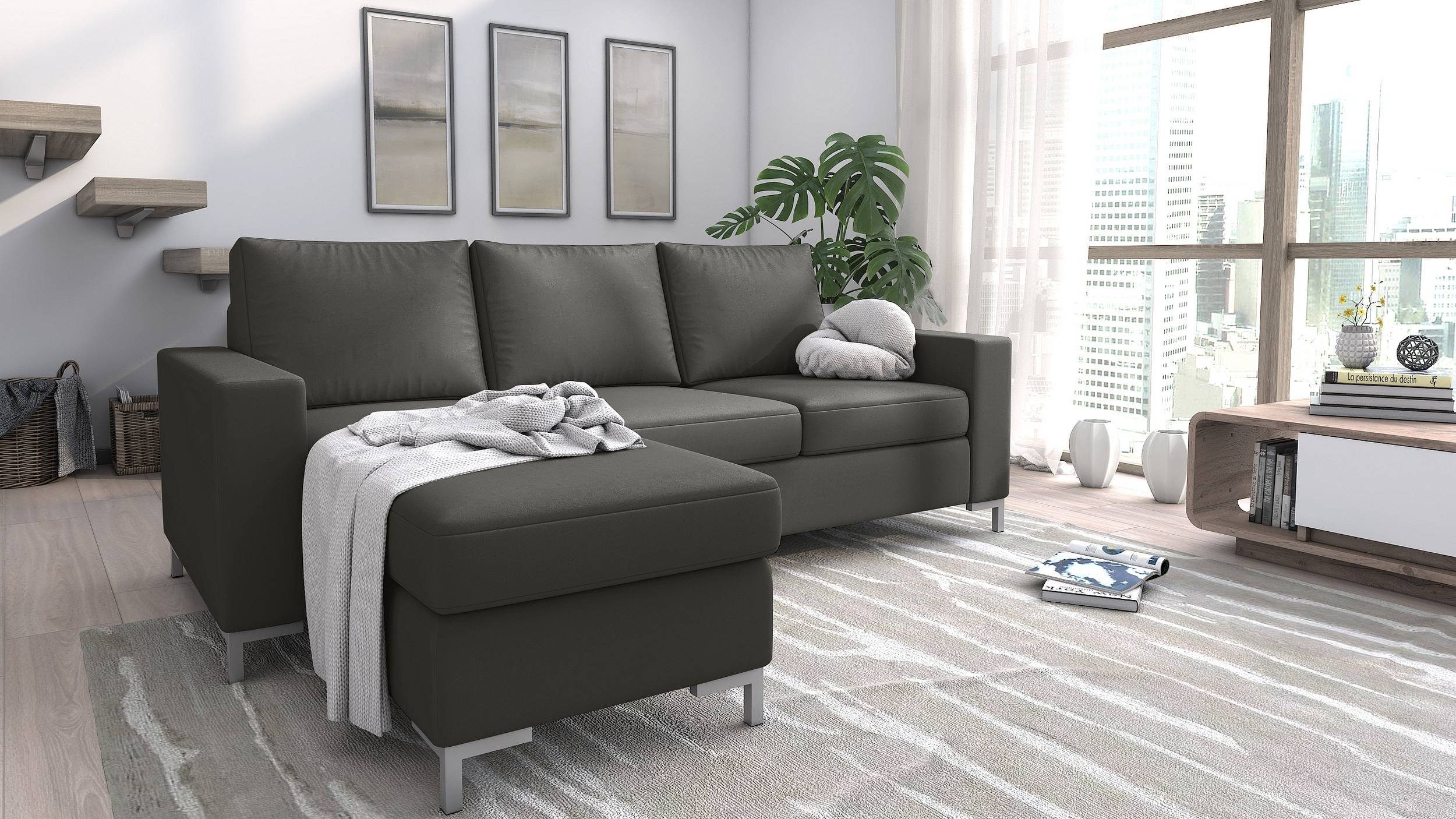 Stylefy Ecksofa Eli, L-Form, Eckcouch, mit Hocker, mane links oder rechts bestellbar, frei im Raum stellbar, Modern Design, Sitzkomfort, mit Armlehnen und Rückenlehne