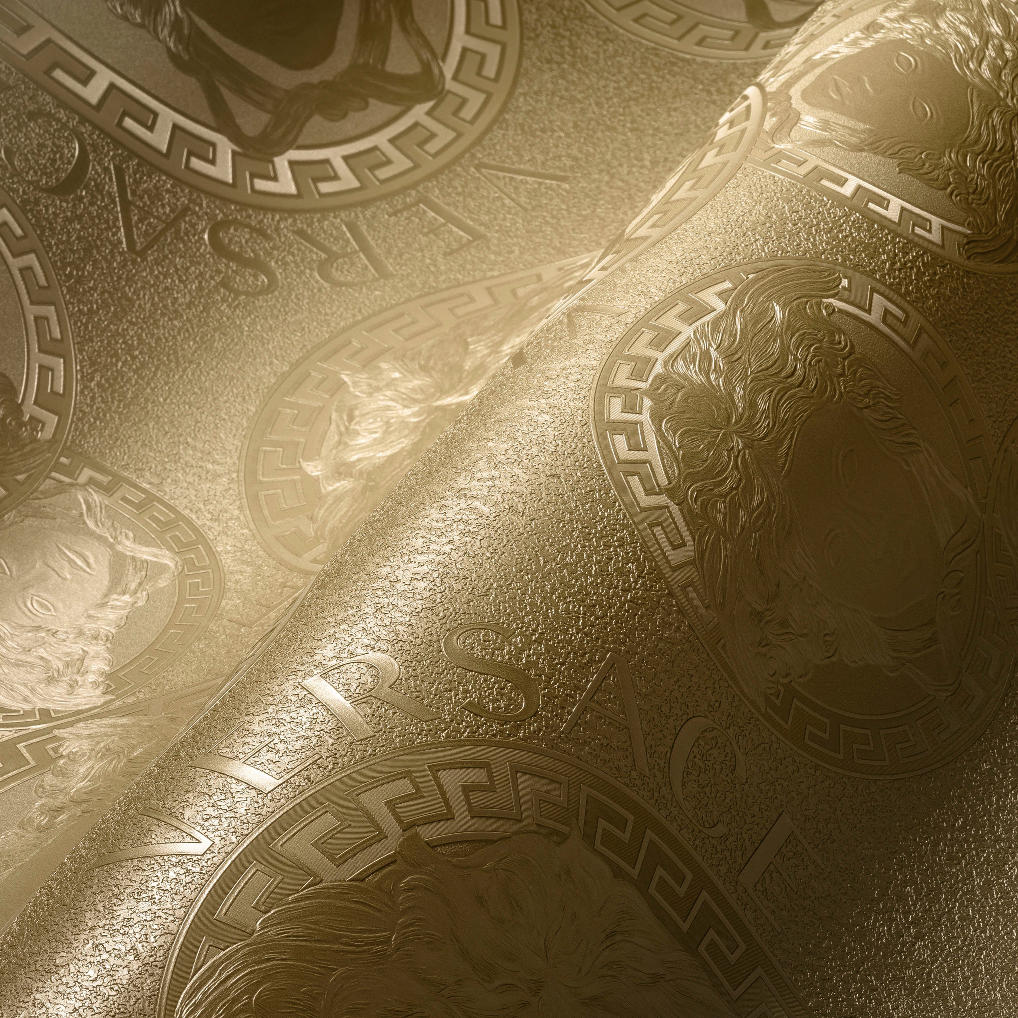 Versace Vliestapete Wallpaper Versace 5 Medusakopf Metallic, leicht strukturiert, glänzend, hochglänzend, metallic, (1 St), Designertapete Tapeten Wohnzimmer Schlafzimmer Küche modern Flur Optik