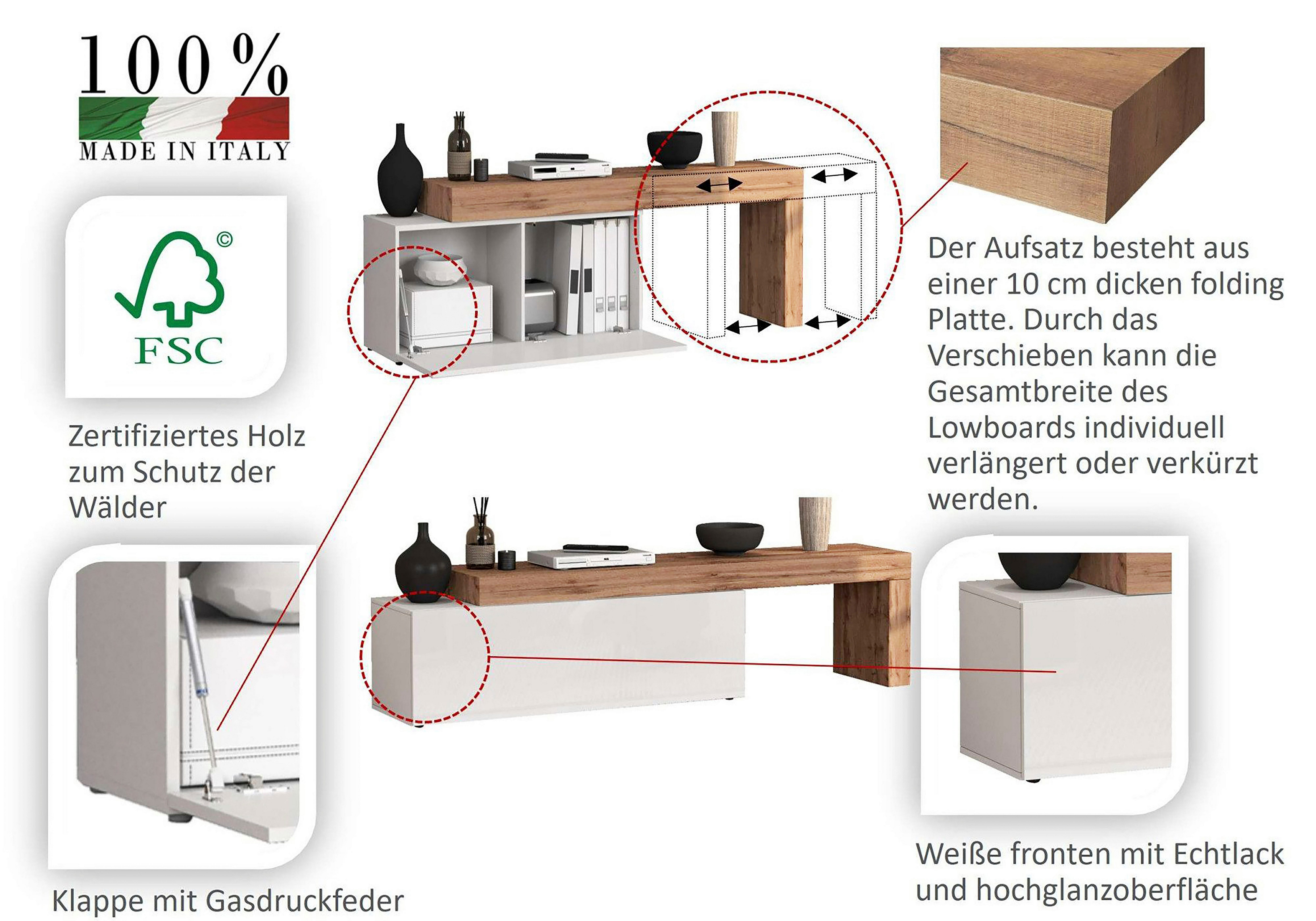 OTTO home Lowboard Chronos TV-Board, TV-Schrank (1 St., Breite verstellbar von 190 bis 350 cm), Breite 270 cm TV-Board,Lowboard,1 Klappe und ein L-Förmiger Aufsatz