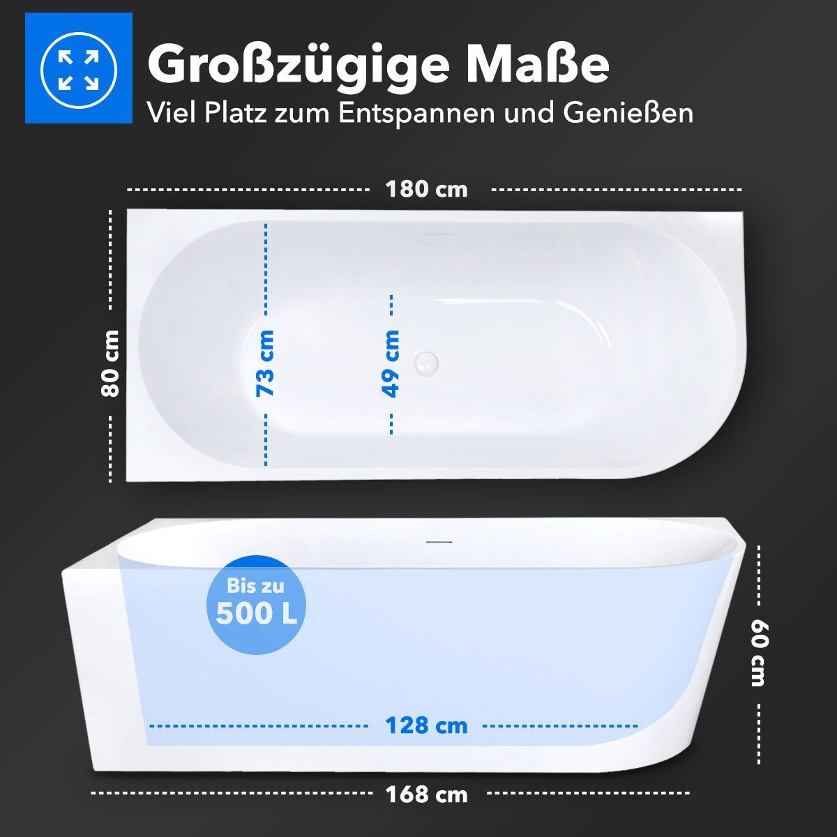 Belvit Badewanne halbfreistehend & freistehend aus Acryl – Eckbadewanne oder oval, Links, Mittig & Rechts, in 180x80 - 170x78 cm, mit Ablaufgarnitur – Bild 4 von 5