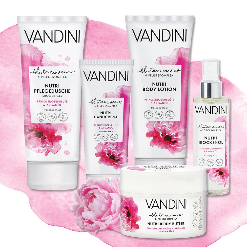 VANDINI Flüssigseife Nutri Flüssigseife Spender mit Pfingstrosenblüte Duft, vegan, 600ml, 2-tlg.