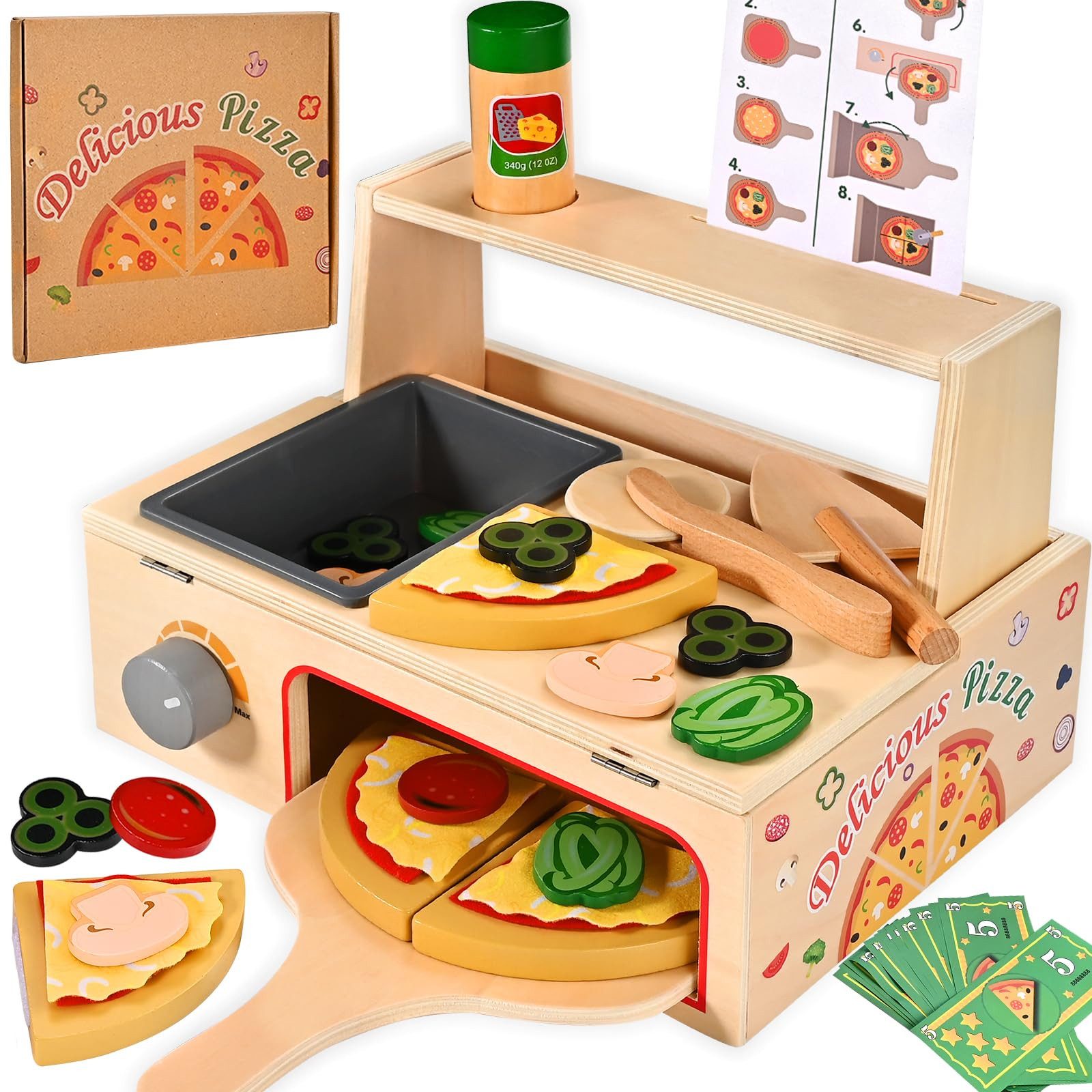 CLTYQ Spielküche 50-teiliges Pizzaspielzeug aus Holz,Pizzatisch-Set aus Holz mit Ofen, Spielessen und Zubehör,Montessori-Spielzeug,Küchenspielzeug für Kinder