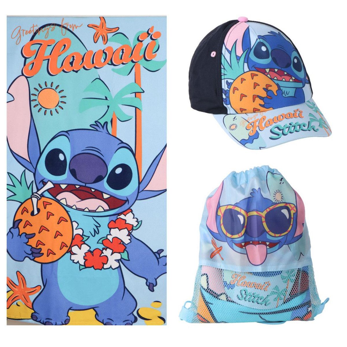Lilo & Stitch Strandtuch Set für Kinder 70 × 140 cm mit Cap, Turnbeutel und Badetuch