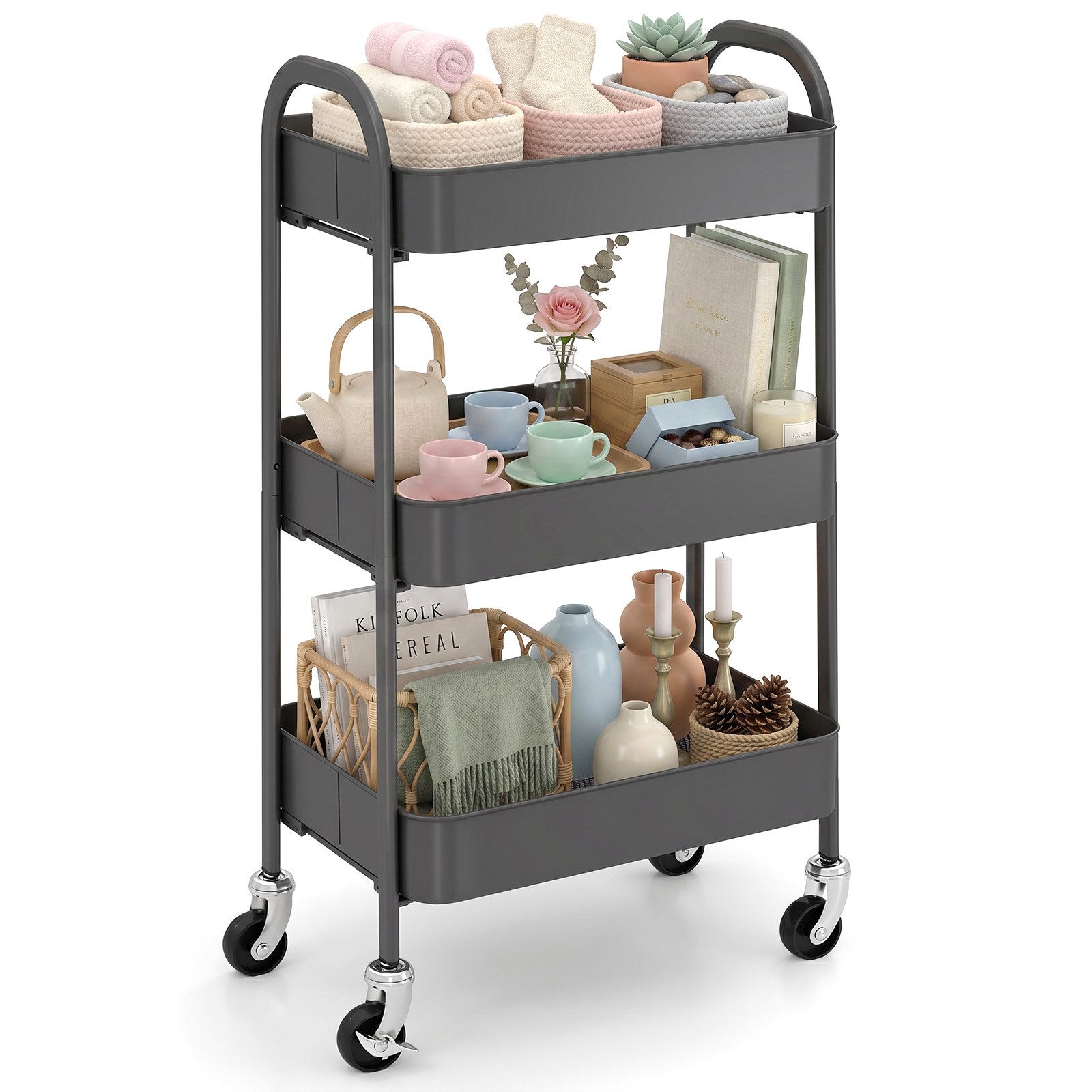 Sekey Küchenwagen Servierwagen mit Rollen Beistellwagen mit 3 Ablageebenen aus Metall, Innovatives Klick-Design für schnelle Montage ohne Schrauben
