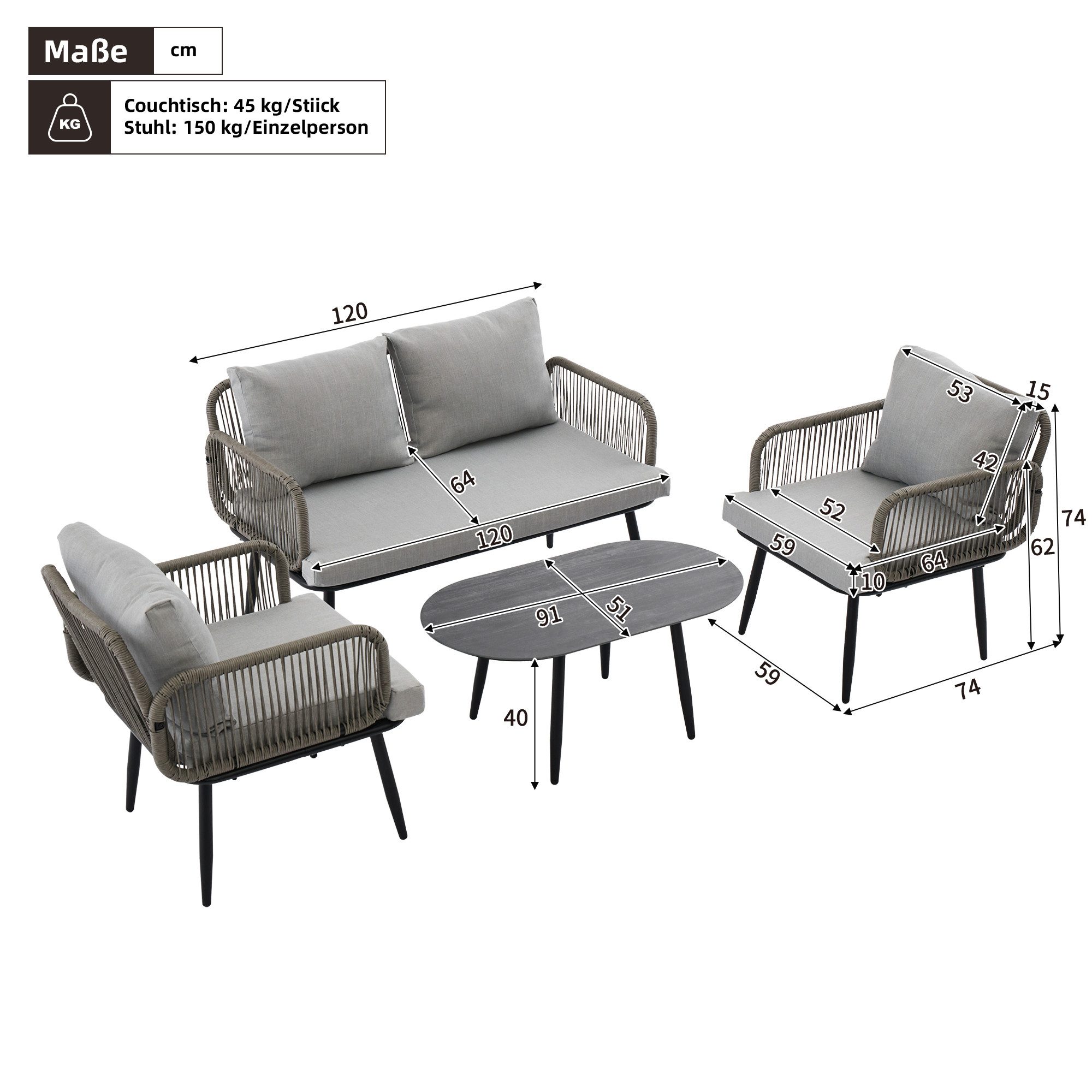 Celya Gartenlounge-Set Gartenlounges Balkon, Gartenmöbel Lounge Set mit Sofa, (handgeflochtenes Seil, Glasplatte in Holzmaserung-Stil, verzinkter Stahl, Grau), bequemen Kissen, 2-Sitzer-Sofa, 2 Sessel und Couchtisch