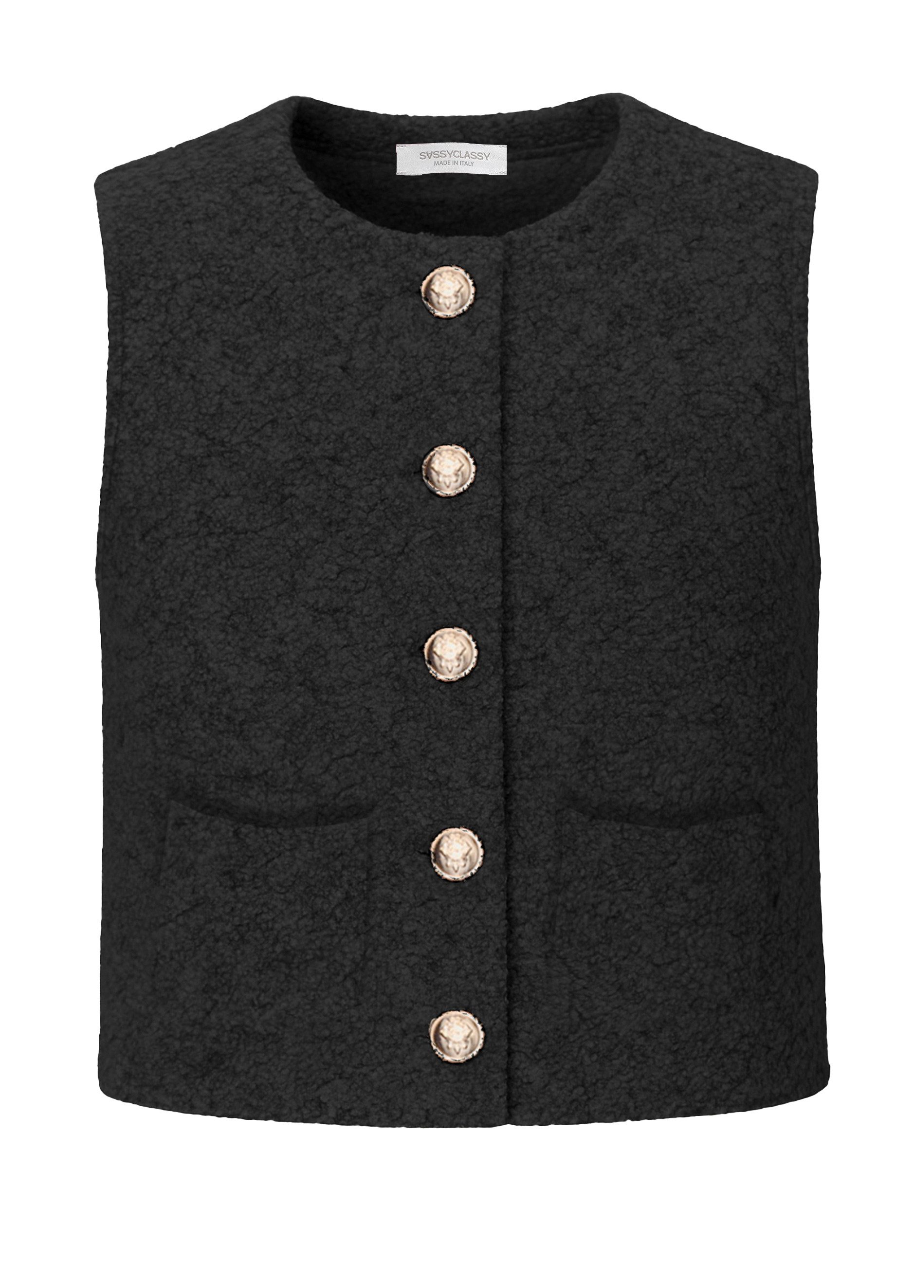 SASSYCLASSY Kurzweste Bouclé-Weste mit aufgesetzten Taschen für Damen Weiche Weste mit goldfarbenen Knöpfen Greige Rosa Schwarz Braun