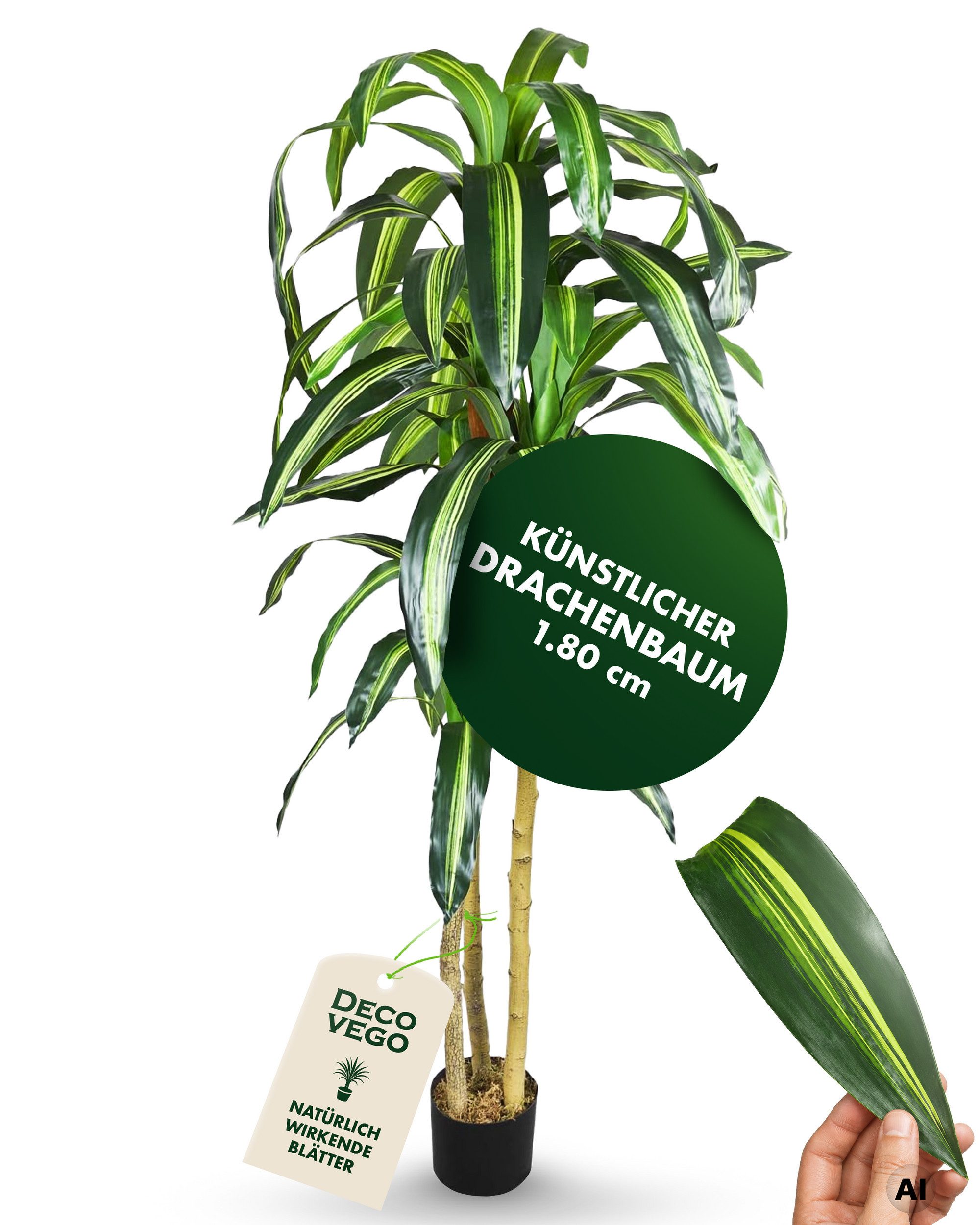 Kunstbaum Drachenbaum Kunstpflanze Kunstbaum Künstliche Pflanze 180 cm Echtholz Drachenbaum, Decovego, Höhe 180 cm