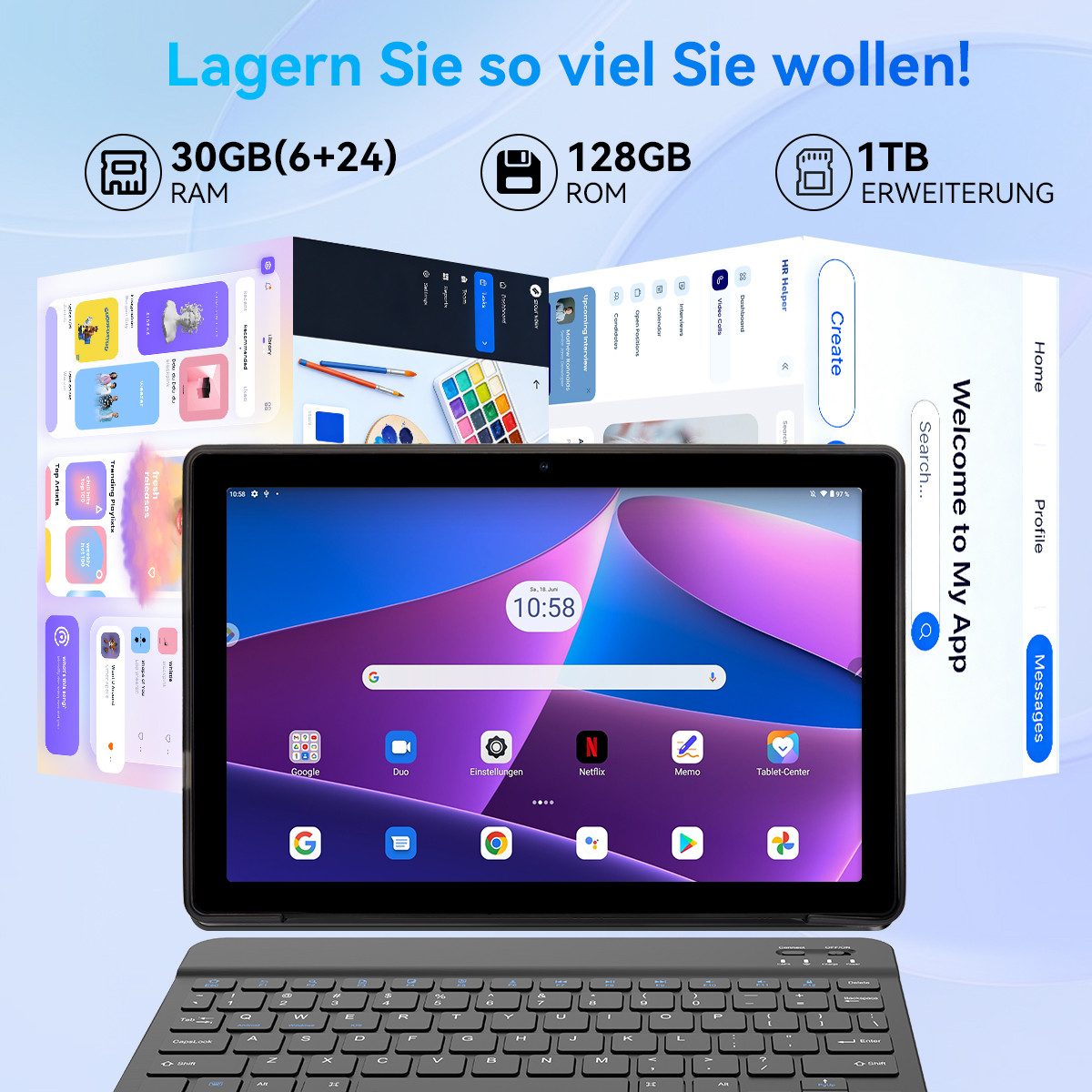 Happybe 10,1 Zoll Android, 128GB mit Tastatur Maus Stylus Hülle Set Tablet (10", 128 GB, Android, WiFi 6, 30(6+24)GB RAM, 6000mAh, WiFi 6, Android 16)