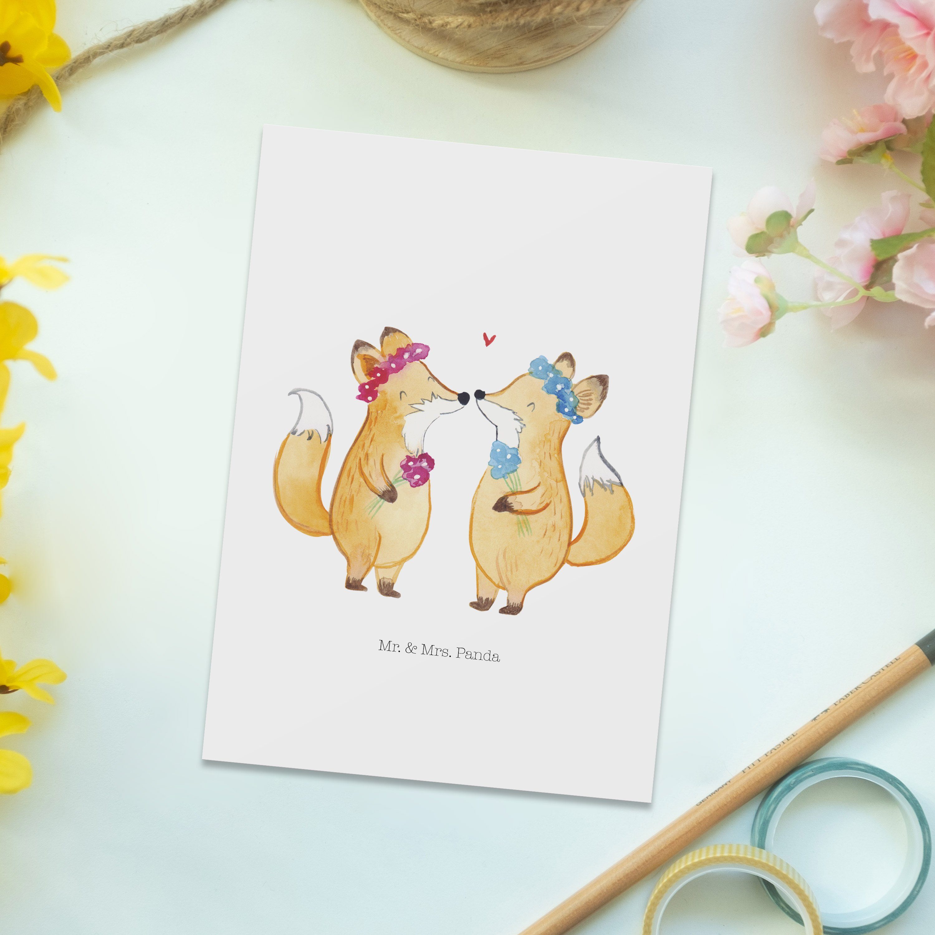 Geschenk Weiß & Pärchen Pride - Geschenk, - Lesbian Mrs. Mr. Panda Dankeskarte, Füchse Postkarte