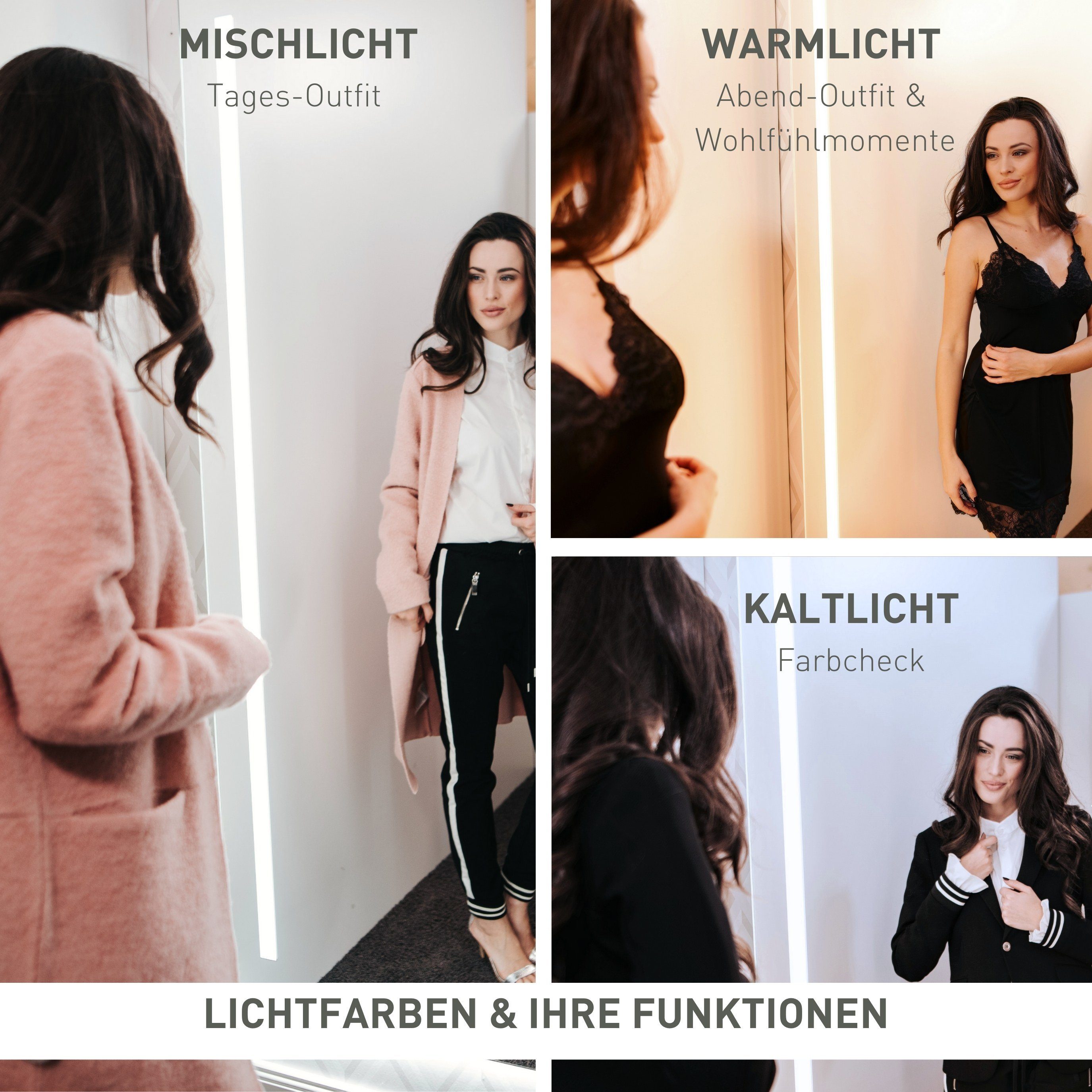 Fashion Garderobenspiegel lyz Rahmen Icon, for Ankleidespiegel, umschaltbare home Silber Lichtfarben, Ganzkörperspiegel
