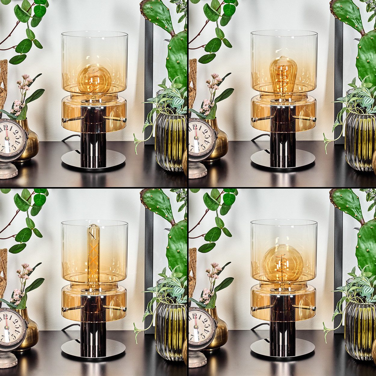 hofstein Tischleuchte Tischlampe aus Metall/Glas in Schwarz/Chrom-/Bernsteinfarben/Klar, ohne Leuchtmittel, Leuchte im Retro/Vintage-Design mit Glasschirm (15 cm), 1 x E14