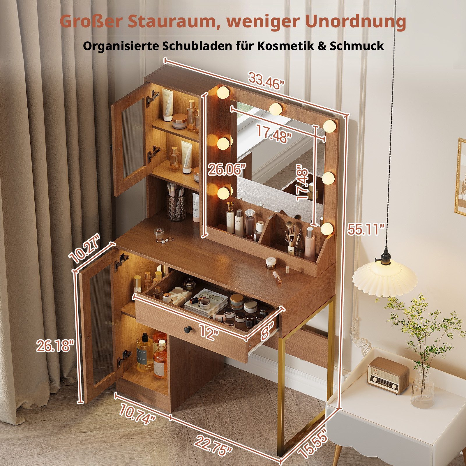 GarveeMore Schminktisch mit kratzfestem Spiegel, 3-farbiges LED Licht & stufenlose Dimmung (Weiß/Braun), 1 Schublade & 2 Schränke mit Glastüren & 3 offene Fäche – Bild 4 von 5