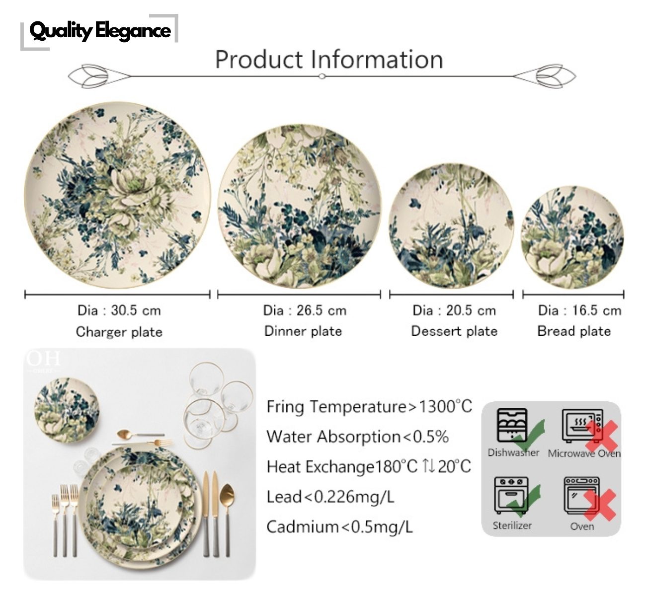 Quality Elegance Speiseteller Spring Flourish Blossom – 4-tlg. Elegantes Geschirrset, Knochenmehl 43%, 4pcs