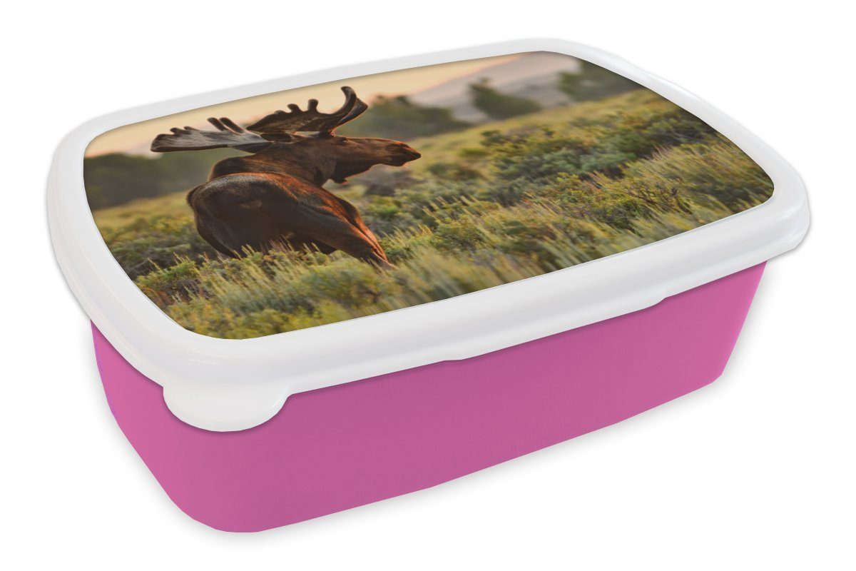 MuchoWow Brotbox Mädchen, Kunststoff, einer Kunststoff offenen Elch Snackbox, Lunchbox für rosa Brotdose auf Erwachsene, Wiese, (2-tlg), Kinder,