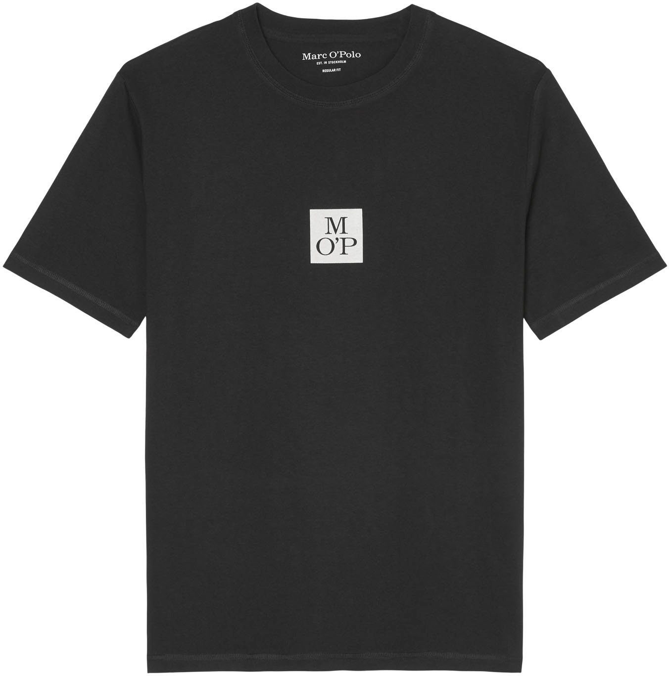 Marc O'Polo T-Shirt T-Shirt neckline, kontrastfarbenem details, hem flatlock straight black Logo mit ribbed with print