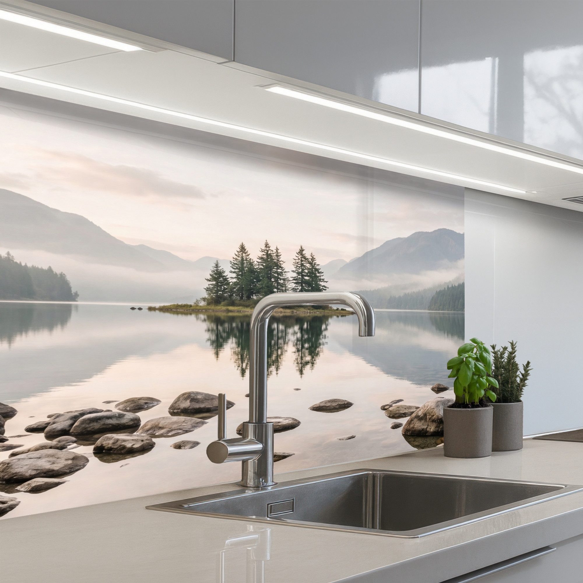 KitchenYeah Küchenrückwand selbstklebend (keine Folie) See - Berge - Landschaft - Grün, (1-tlg), Spritzschutz, Küche, Rückwand, Küchenwand, Küchenfront, 80x60 cm