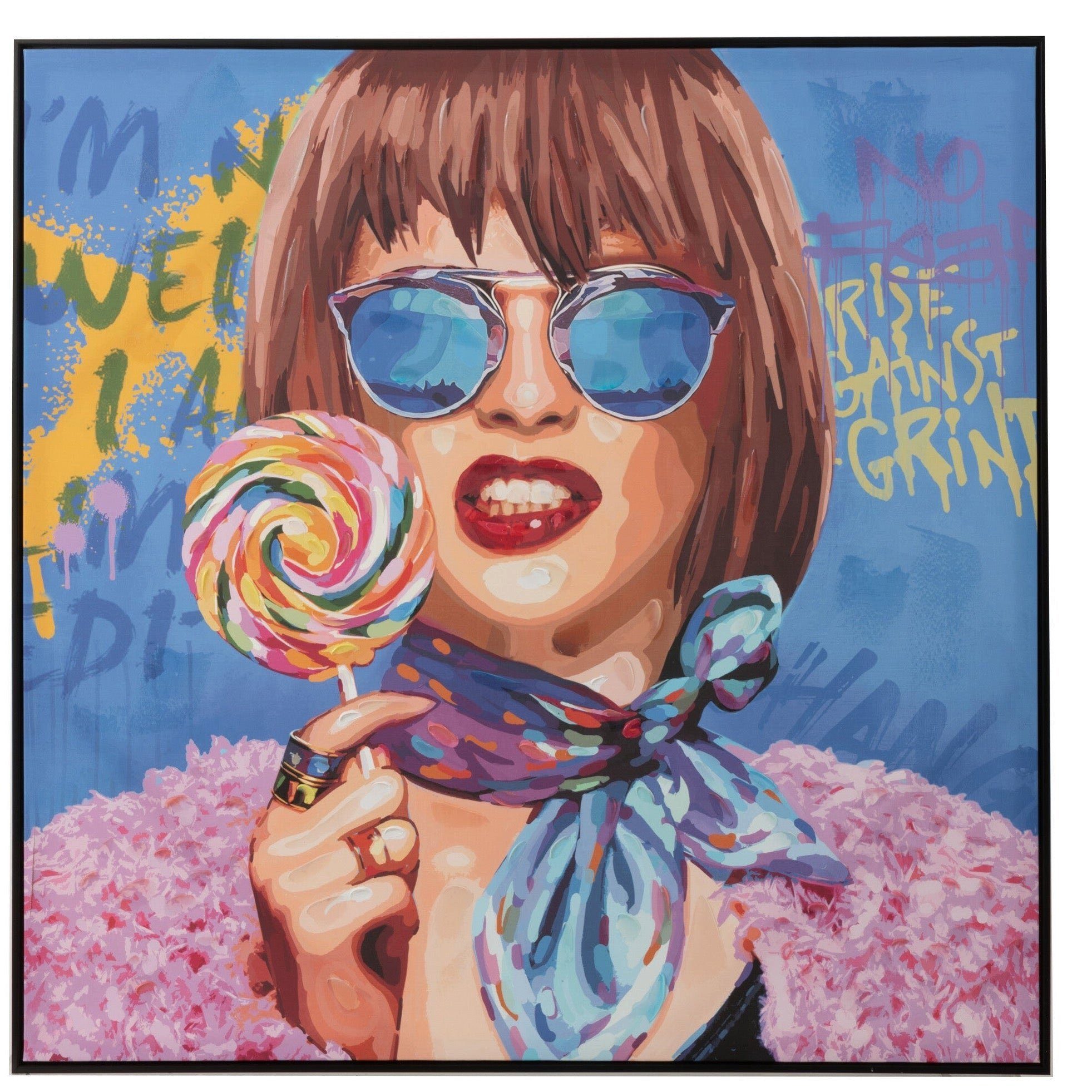 MF Leinwandbild Urban Chic Lollipop Muse Graffiti Frau 100x100 cm handbemalt, (1 St)