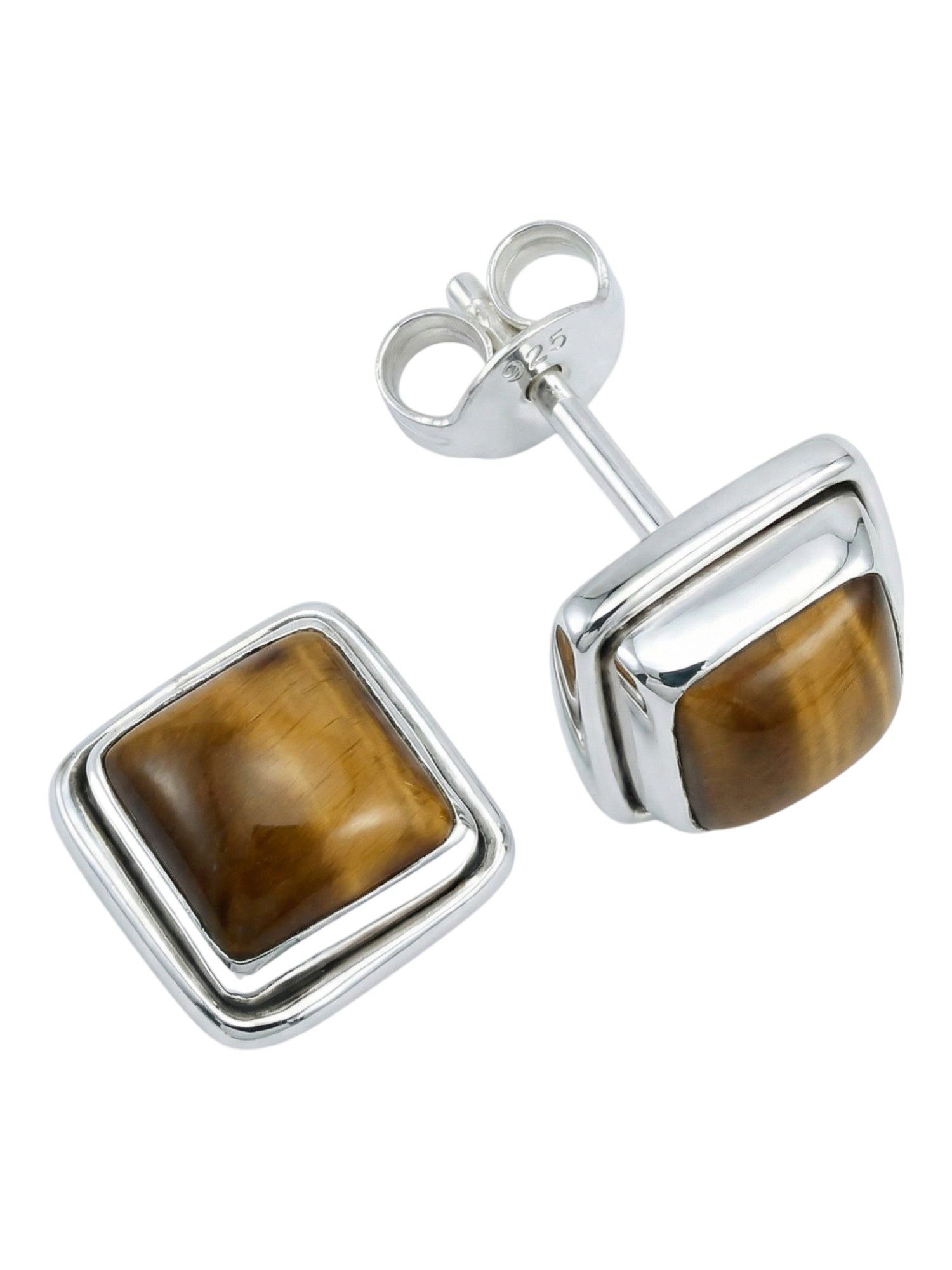 mantraroma Paar Ohrstecker SARALA eckig klein aus 925 Silber mit Tigerauge (Paar, Paar Ohrringe mit Schmuckbeutel), 925 Sterling Silber Ohrringe für Damen