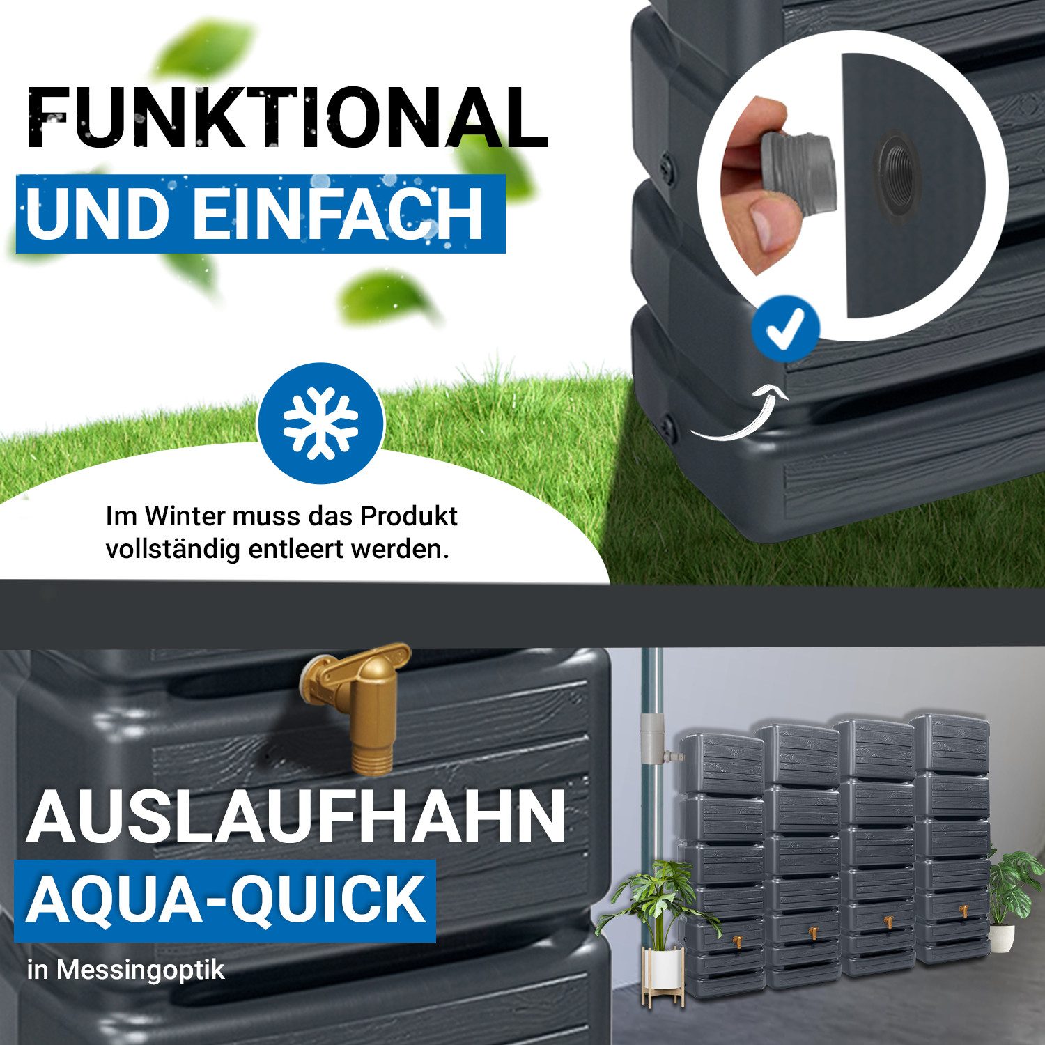 4rain Regentonne SLIM WOOD DECOR Wandtank-Set 1400 Liter graphite grey