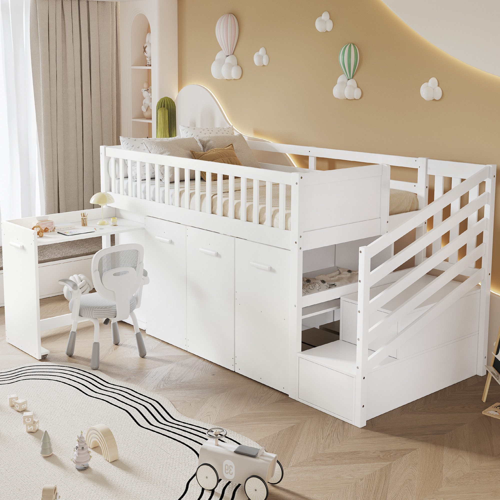 Flieks Hochbett Kinderbett 90x200cm mit herausnehmbarem Schreibtisch Gadero günstig online kaufen