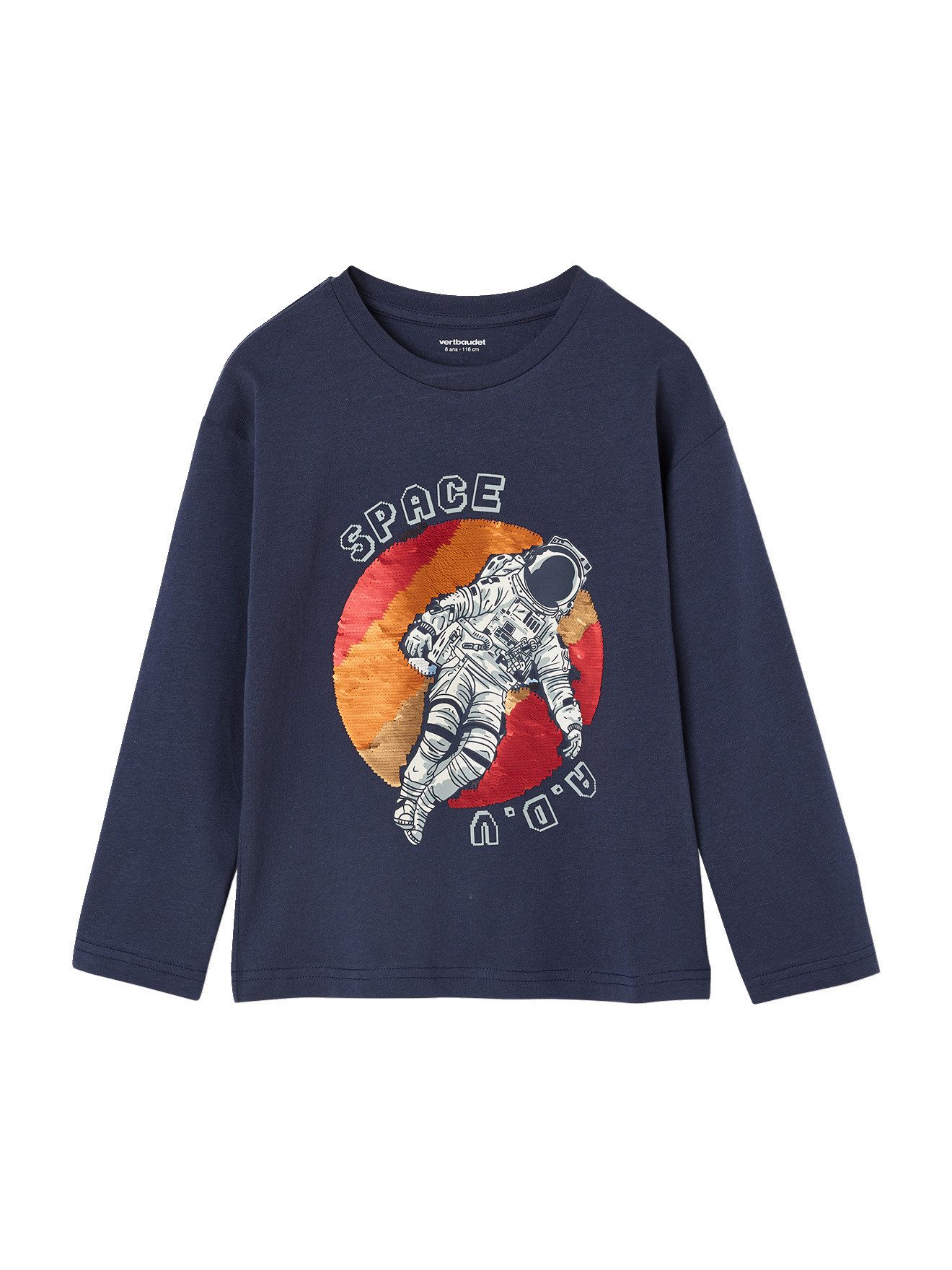 vertbaudet Langarmshirt Jungen Shirt mit langen Ärmeln und Wende-Pailletten - Weltall