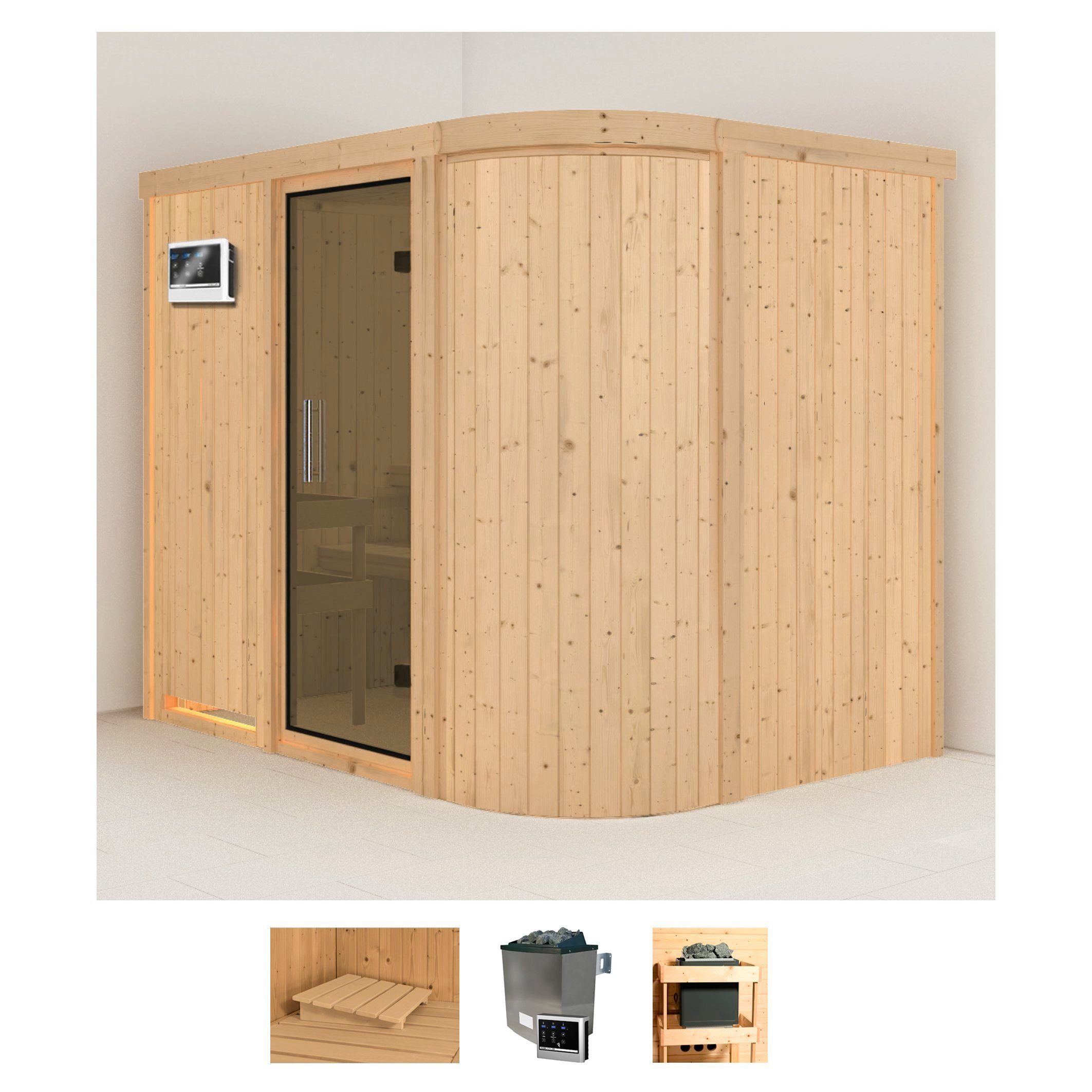 Karibu Sauna Thyra 4, BxTxH: 231 x 170 x 198 cm, 68 mm, (Set) 9-kW-Ofen mit externer Steuerung