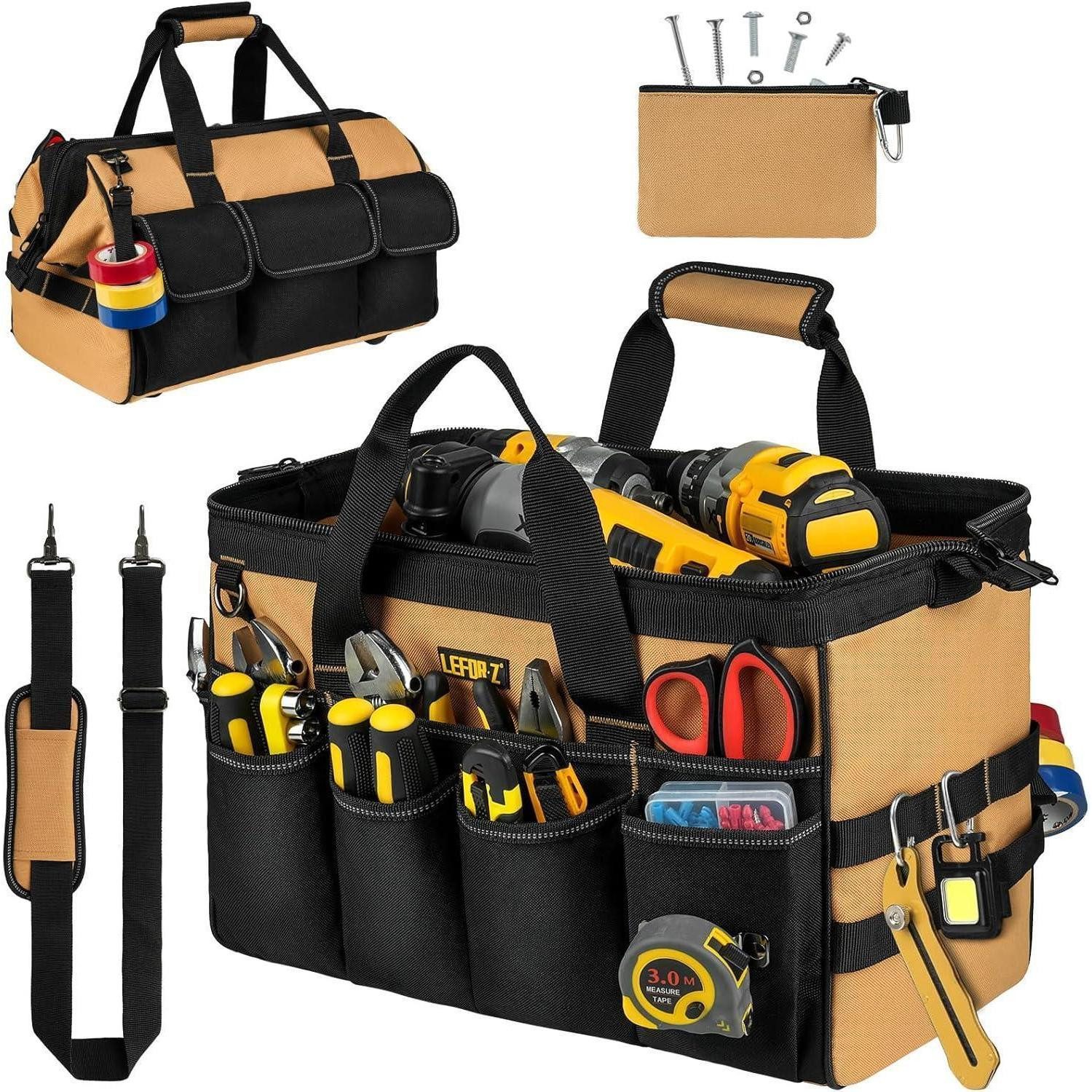 LuxusKollektion Werkzeugtasche Werkzeugtasche 16 Zoll 27 Taschen Schulterriemen Schwarz Braun