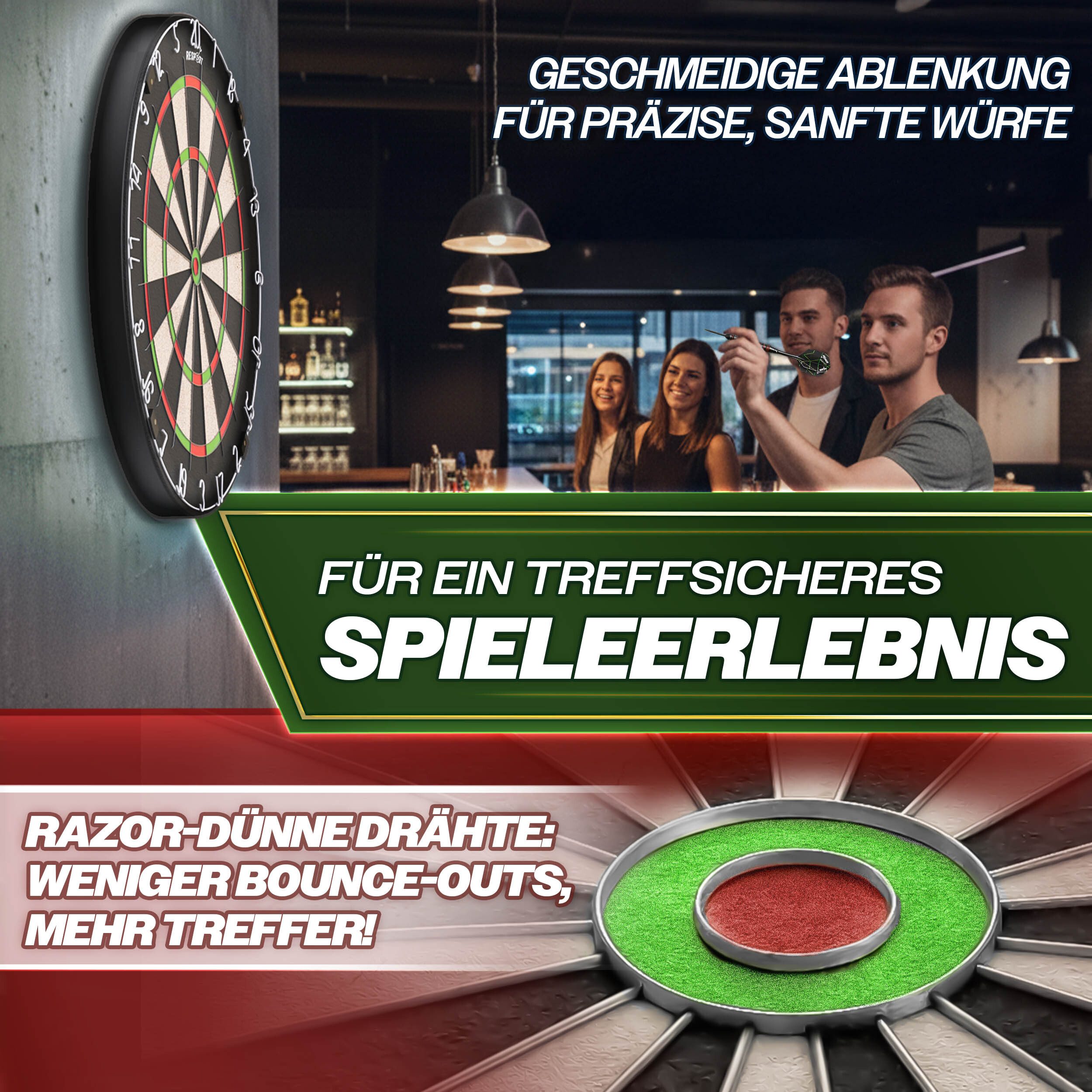 RE:SPORT Dartscheibe RE:SPORT® Steel Dartscheibe mit 9 darts 24 flights, (mit ultradünnem Drahtsystem, inkl. Montageset, Offizielle Professional Steeldartscheibe), Sisal Premium Dartscheibe Steeldart Dartboard