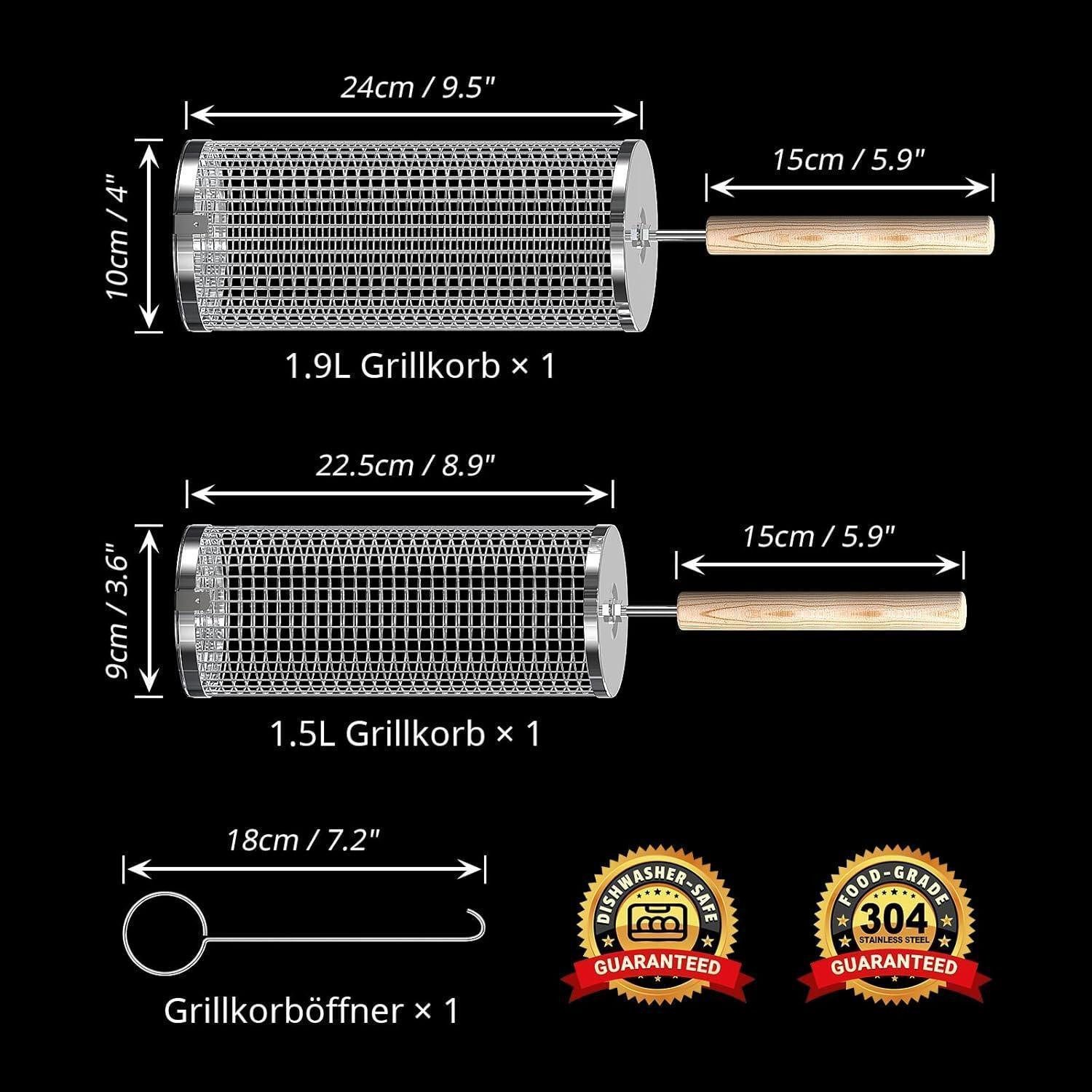 LuxusKollektion Grillbesteck-Set Rollendes Grillkorb Set Holzgriff 2 Stk 28.5cm Grill Zubehör Drehspieß