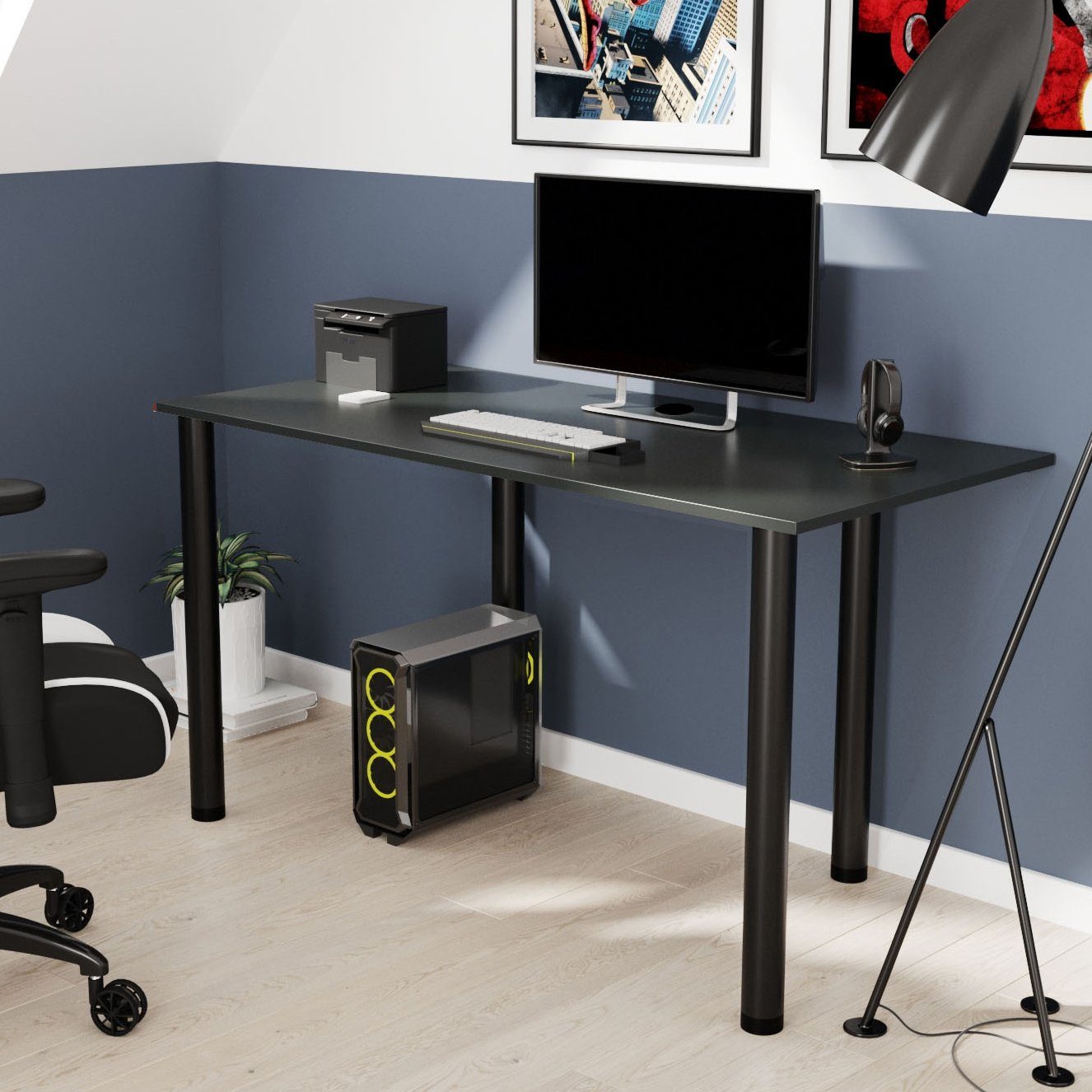 AKKE Schreibtisch, Schreibtisch mit schwarze Beinen 2mm PVC Kantenumleimung Anthrazit