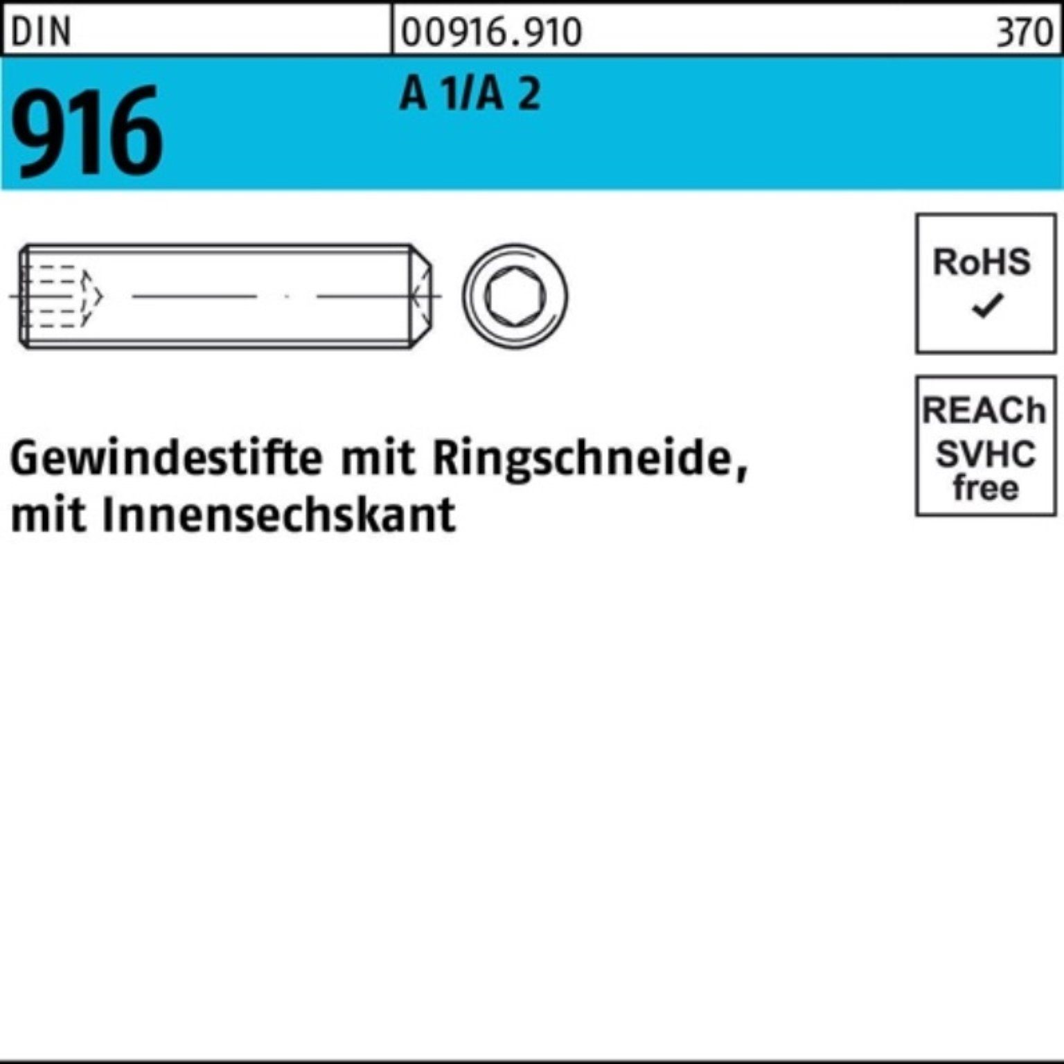Gewindestift 100er A1/A2 20 DIN M16x 10 Gewindebolzen S Ringschn./Innen-6kt Pack Reyher 916