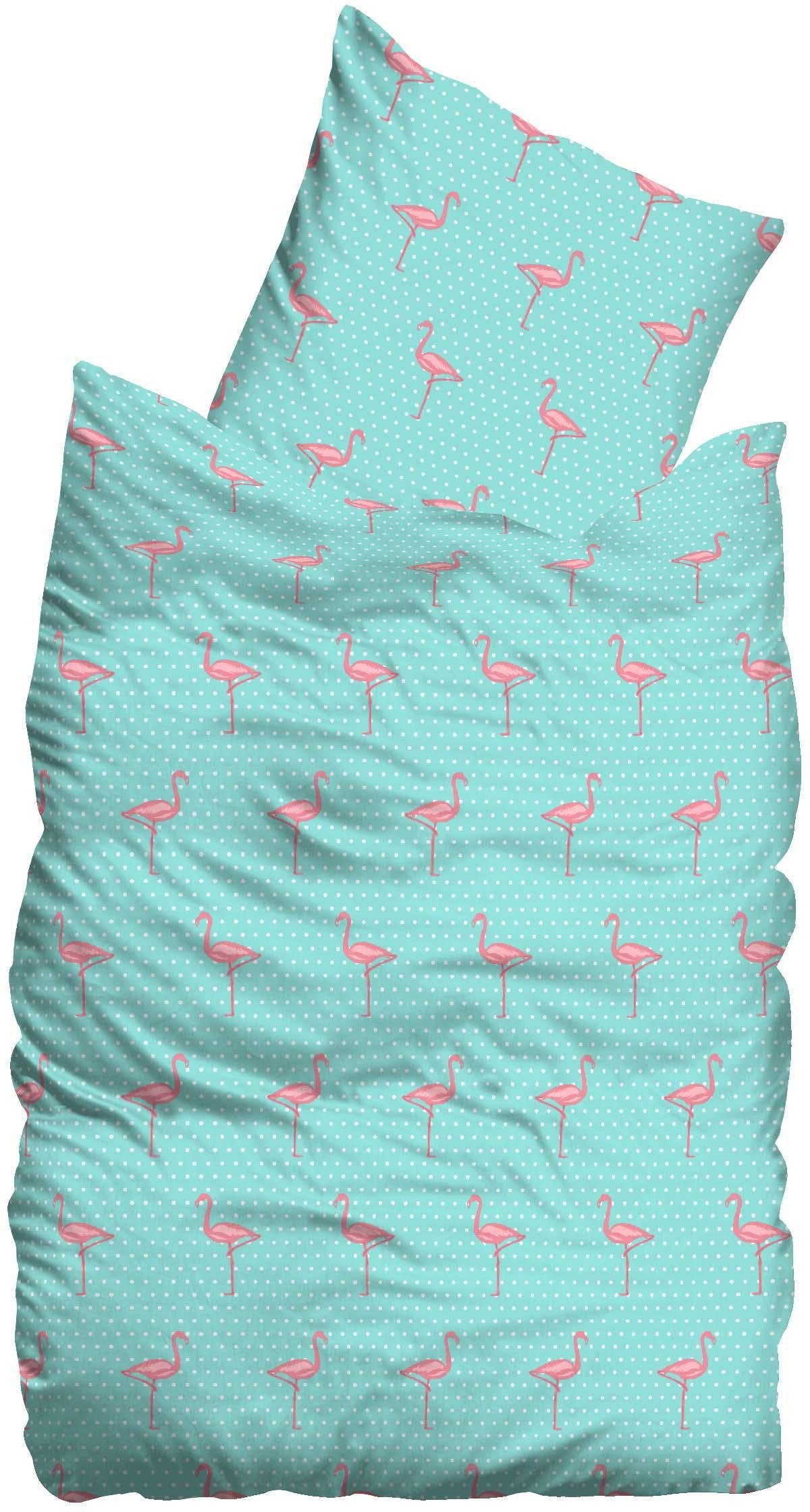 bettwaesche suenos flaminco mit flamingos punkten tuerkis