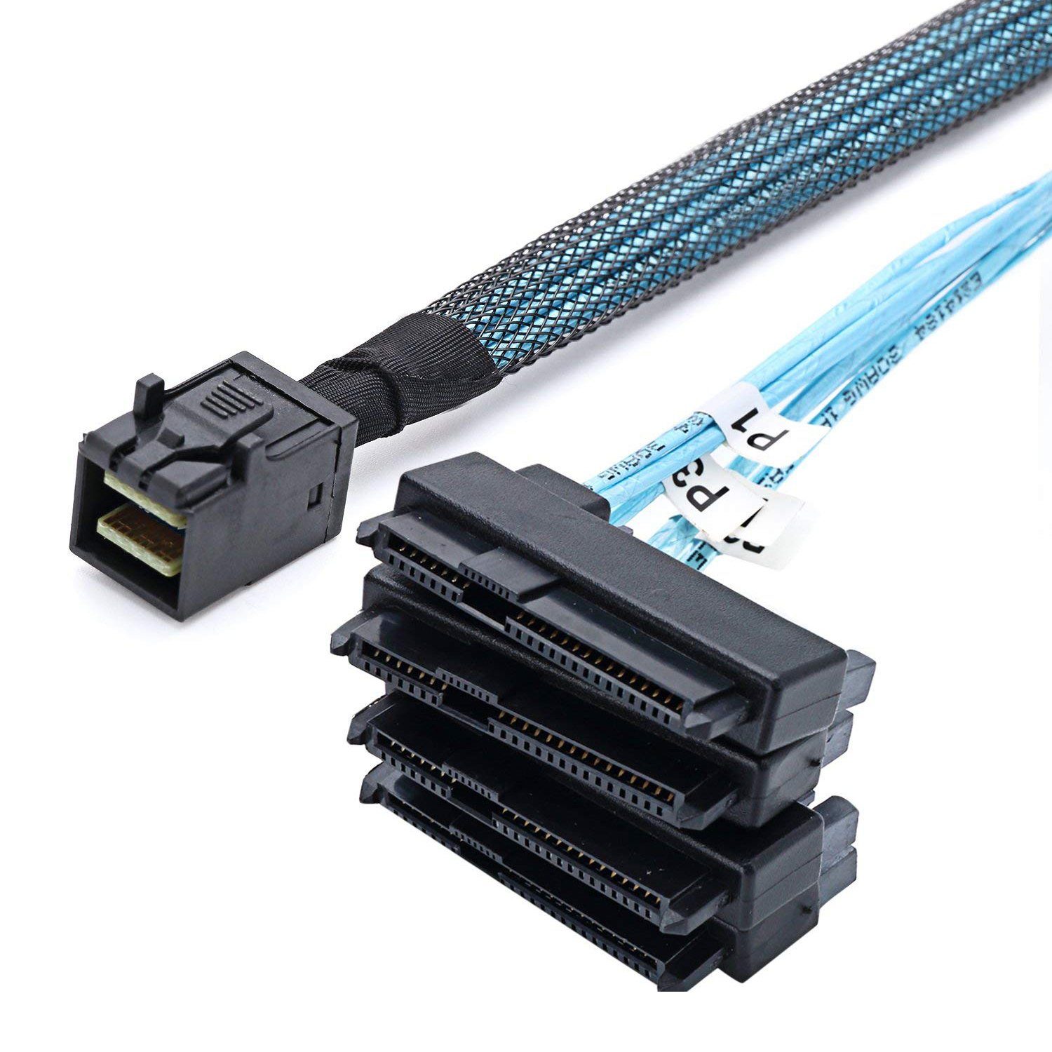 Bolwins P82C Mini SAS SFF-8643 zu 4x 29p SFF-8482 + 4x SATA 15p Splitter Kabel Computer-Kabel, Mini SAS SFF-8643 Stecker, 4× SAS 29-Pin SFF-8482 + 4× SATA 15P (100 cm), Kupferkern, Plug & Play, unterstützt Hot-Swap