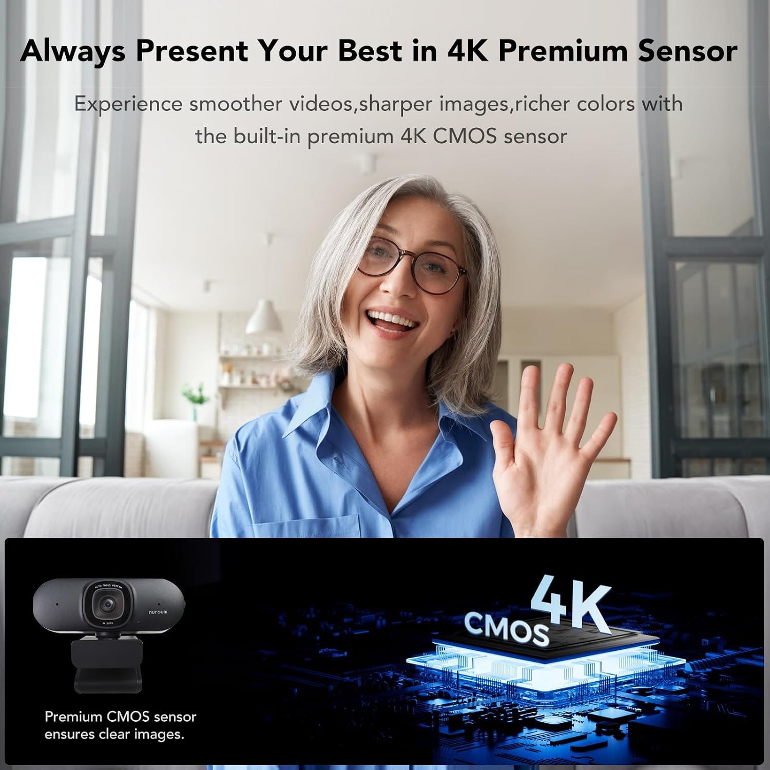 Athlix 4K Webcam USB-Webkamera 1080P 60FPS KI-Geräuschunterdrückung Webcam (1080P, 4K UHD, 8MP Kamera, integriertes Mikrofon)