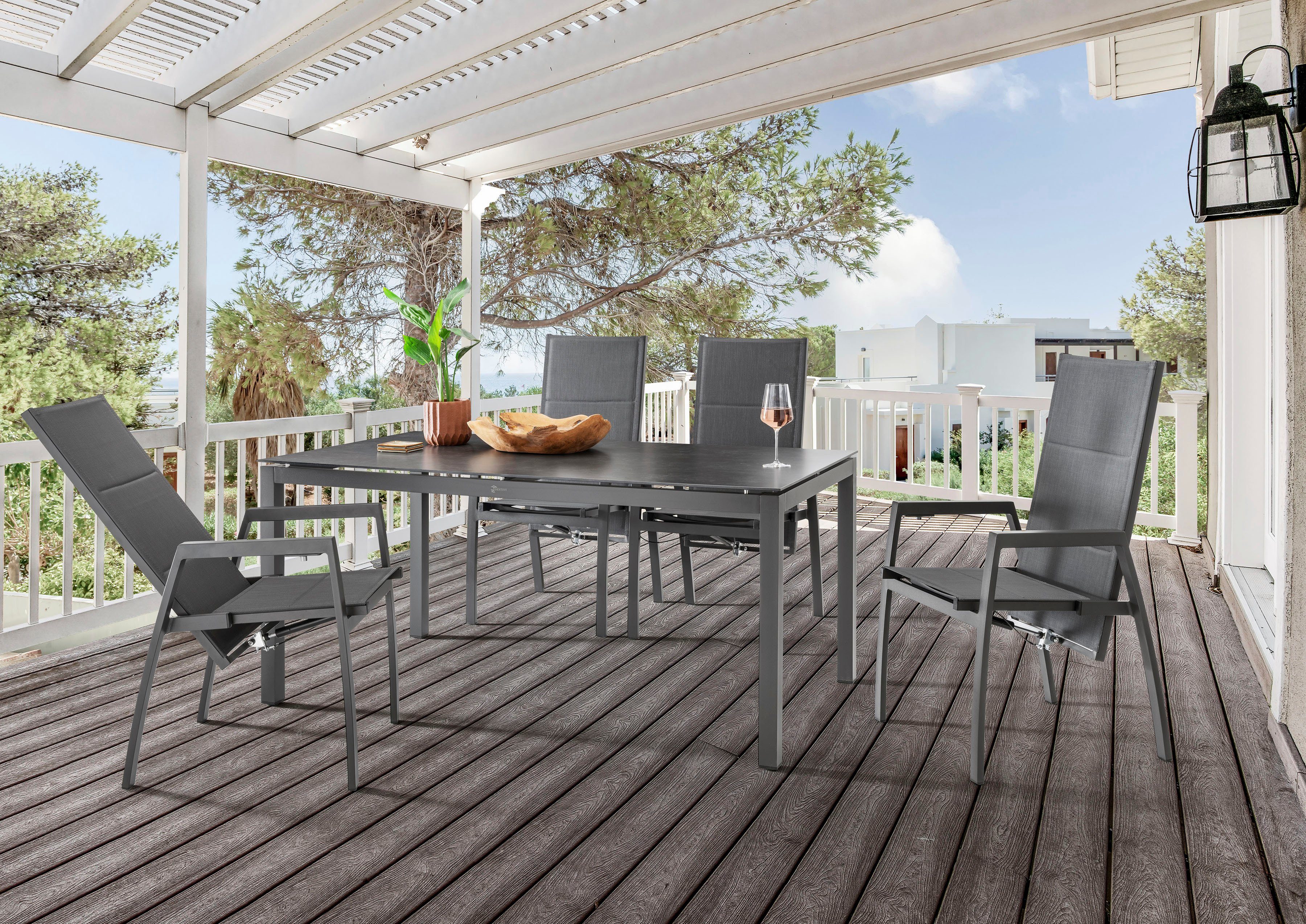 Destiny Garten-Essgruppe COSTA CREMONA, (5-tlg), 4 Hochlehner Textilene, 1 Tisch 160x90x74 cm