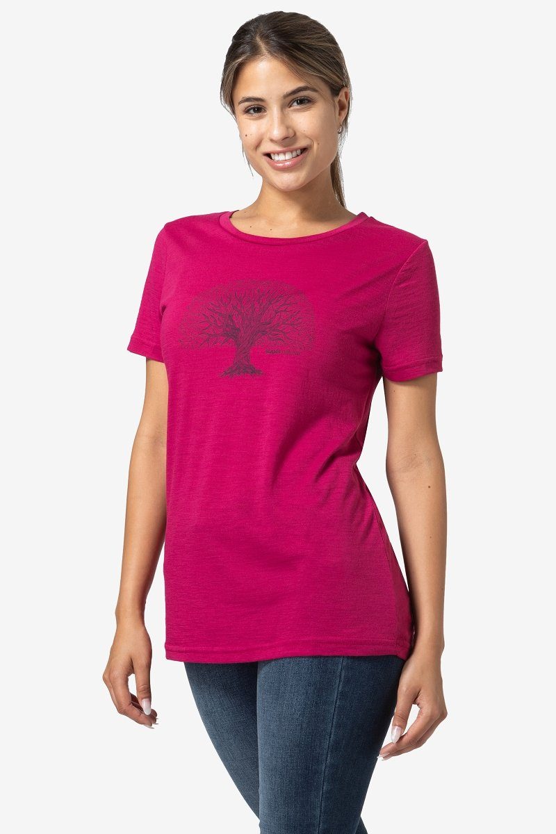KNOWLEDGE W SUPER.NATURAL geruchshemmender T-Shirt TREE Sangria/Mysterioso Merino-Materialmix TEE OF Merino Print-Shirt
